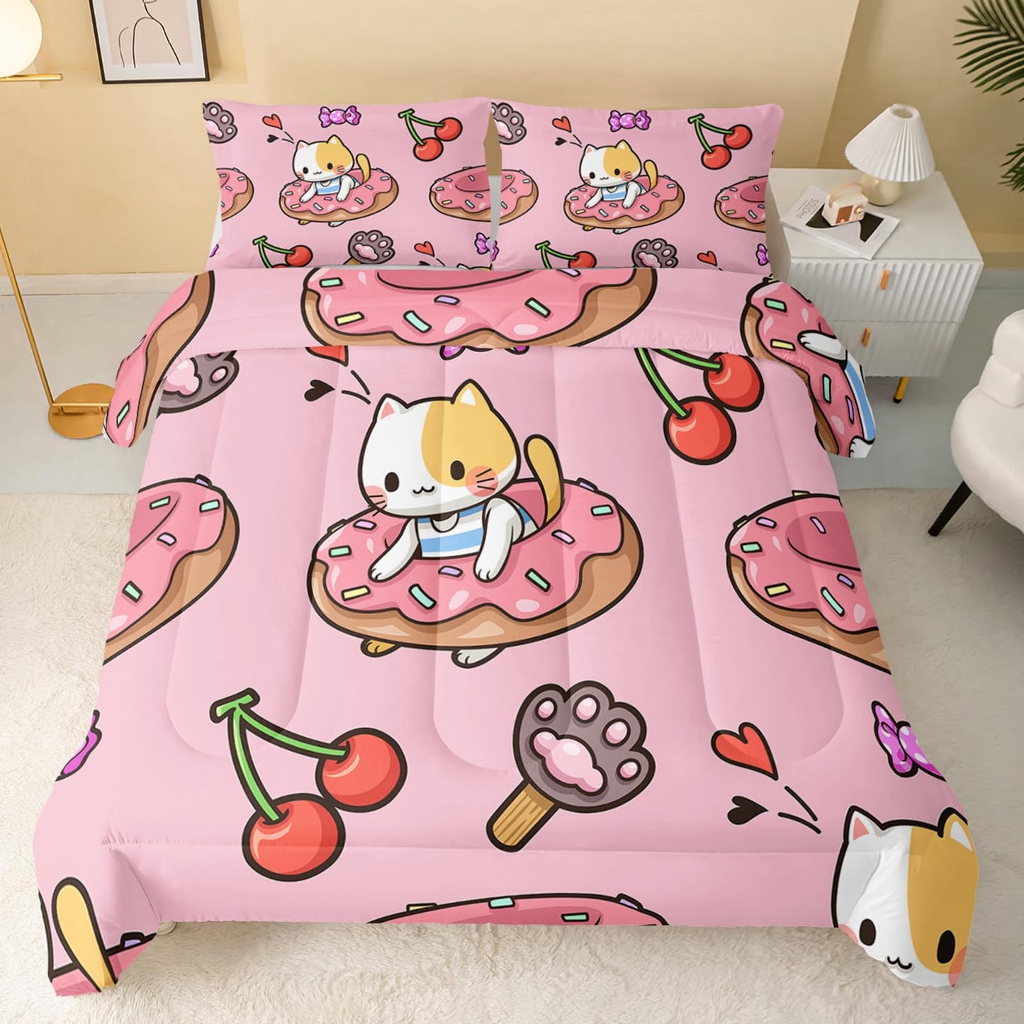QOOMO Kawaii Cat Comforter Twin Size,Doughnut Cherry Cat Comforter Set for Kids Teens Girls,3Pcs Bedding Set Printed Comforter with 2 Pillowcases,Soft and Lightweight(Pink，Twin Size)