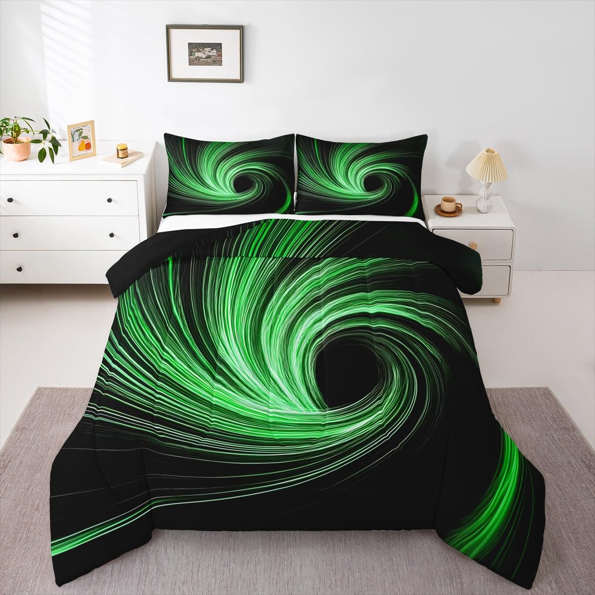 Erosebridal Green Black Kids Comforter Sets Black Hole Abstract Geometric King Bedding Set for Boys Girls Modern Circle Swirl Striped Comforter Set,Fashion Geometric Stripes Line Quilt Duvet 3 Pcs