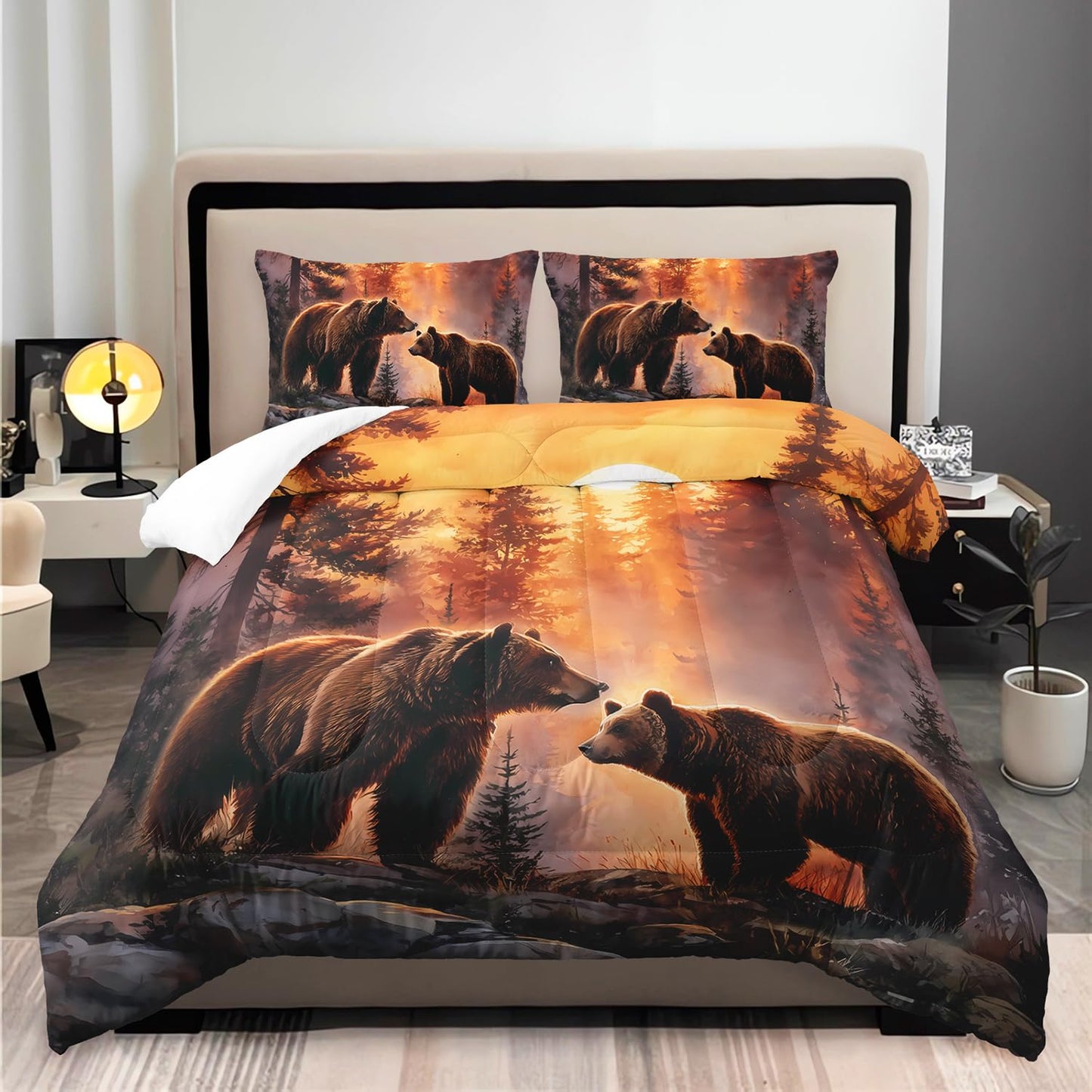 Rustic Brown Bear Comforter 3Pcs Twin Wild Hunting Animal Bear Bedding Set