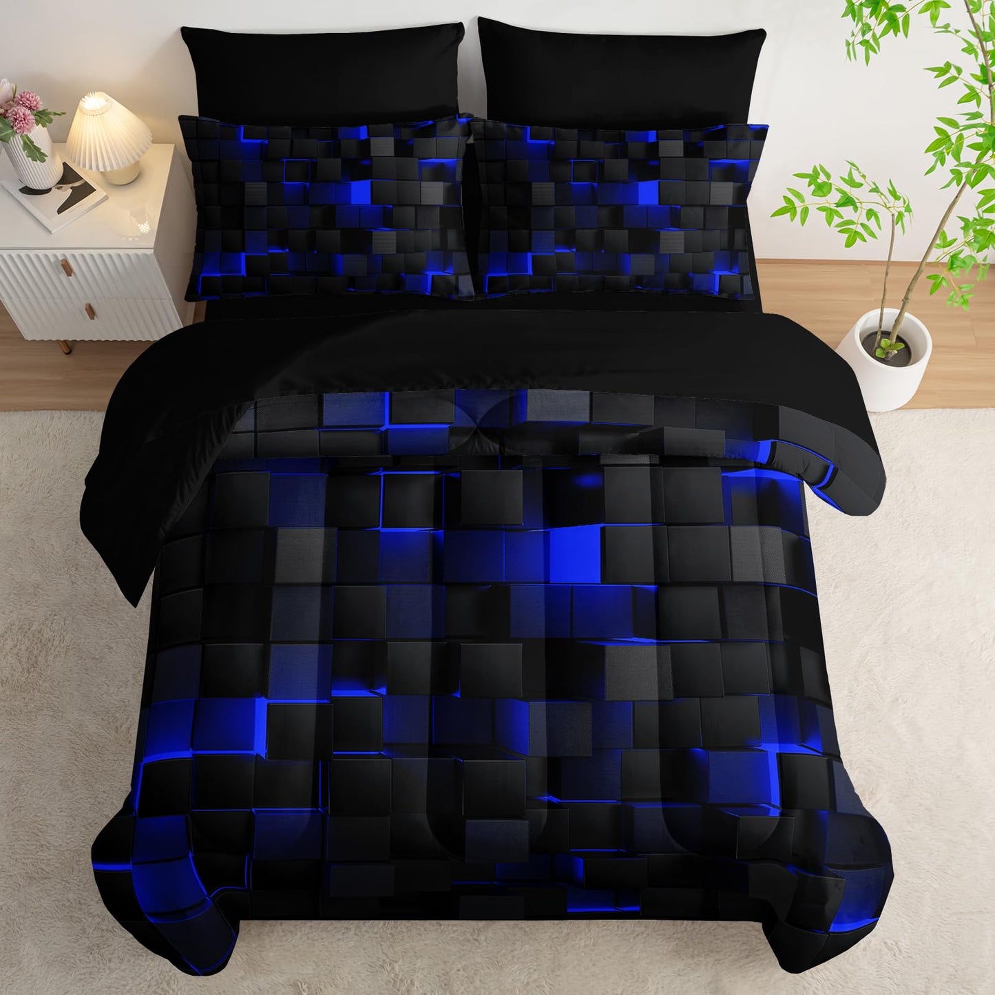 Nttopship Geometric Blue Black King Comforter Set,Light Honeycomb Bedding Set 7 Piece in A Bag,Bed Sheet Set Geometry Decor,Microfiber Lightweight All Season