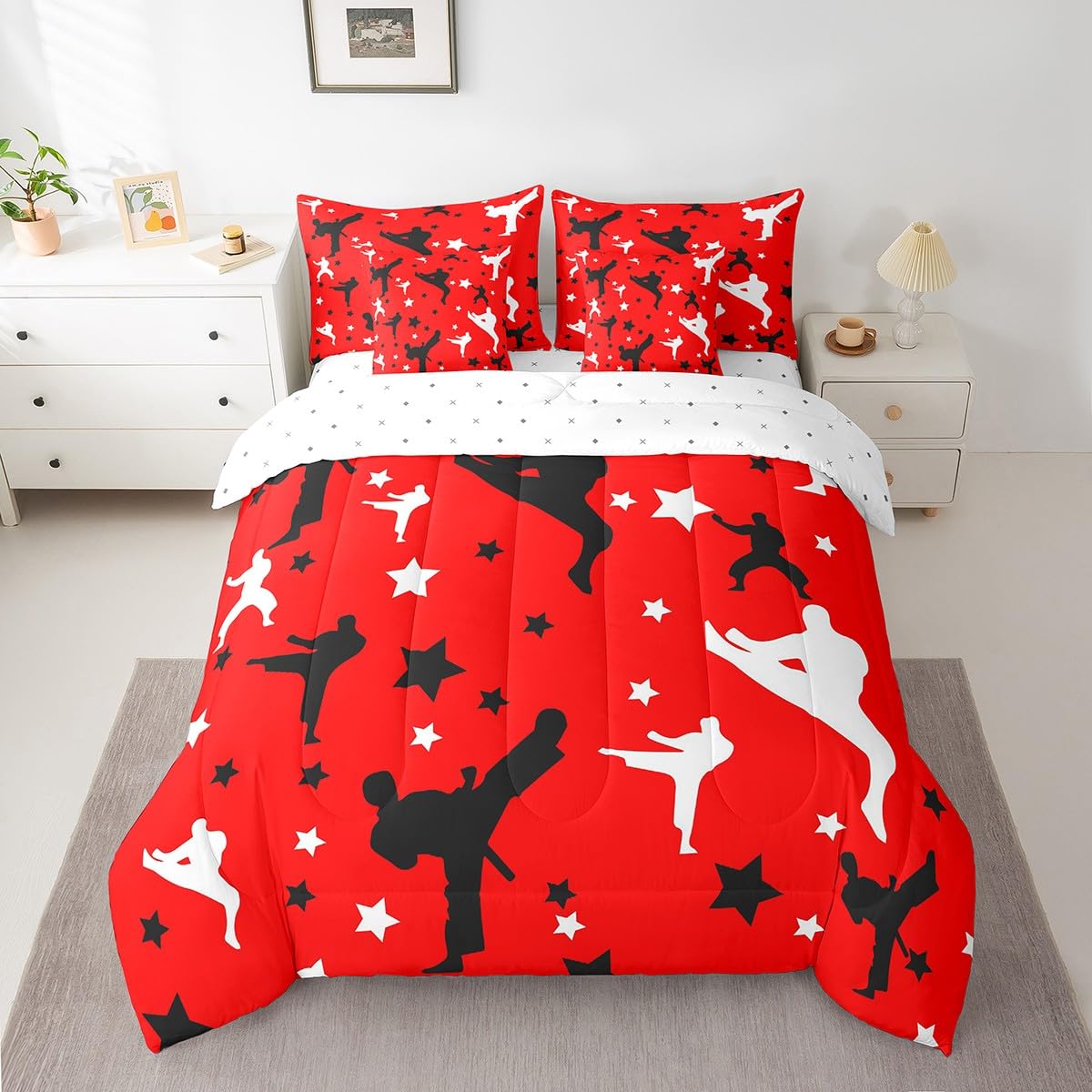 Erosebridal Taekwondo 7 Pcs Comforter Set Twin Japanese Style Bedding for Children Boys Girls Sports Samurai Stars Sheet Set Bed in A Bag Asian Kung Fu Karate Silhouette Bedroom Decor Bed Set