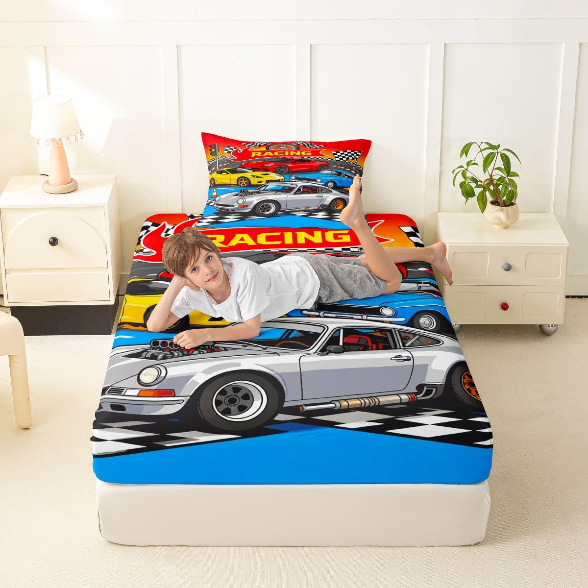 Feelyou Boys Race Car Fitted Sheet with 1 Pillowcase Twin Size Speed Sports Car Bed Sheets Set 16" Deep Pocket Boys Girls Racing Extreme Sports Bedding Teens Bedroom Decor Breathable Soft Lightweight