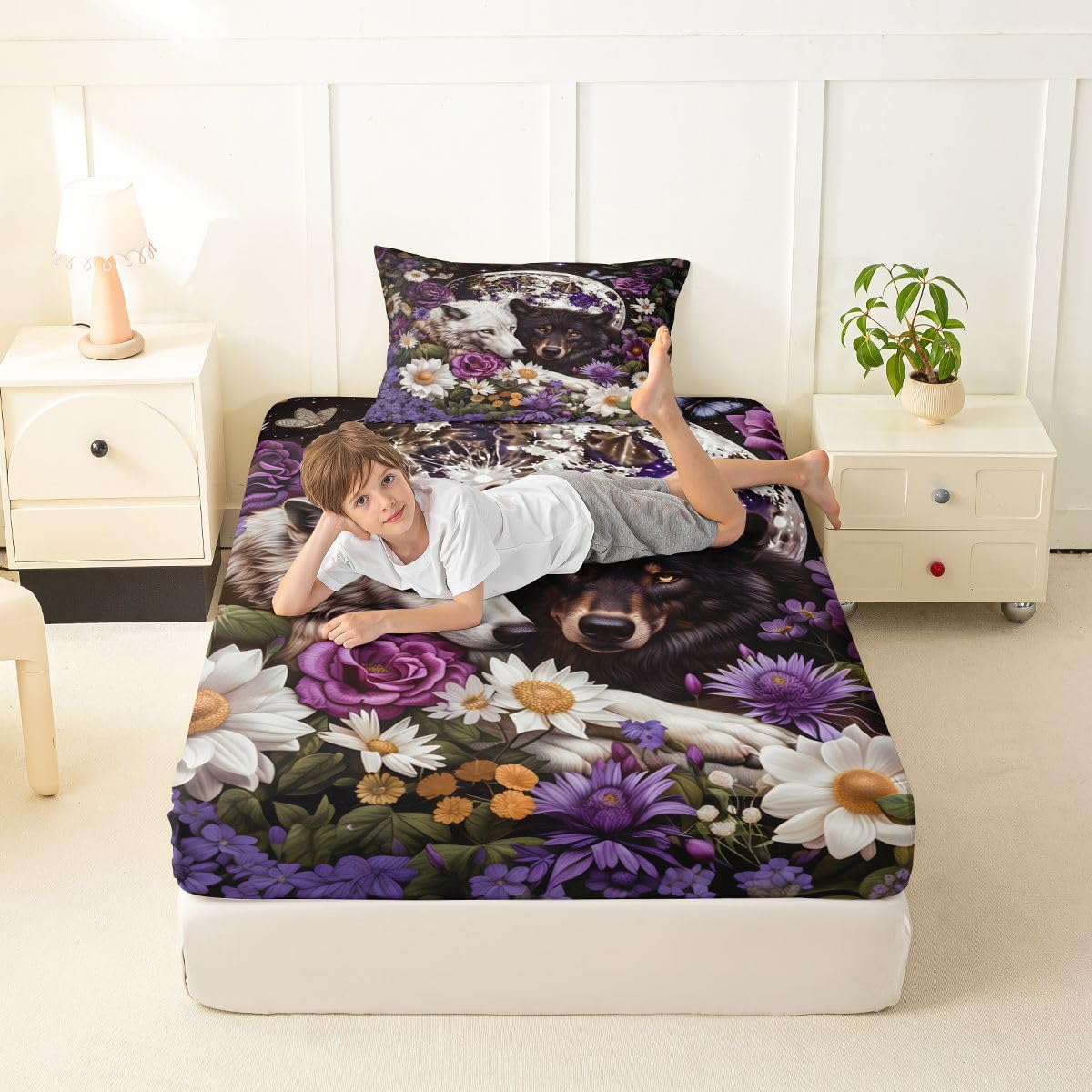 Feelyou Wolf Fitted Sheet Twin Size for Kids Boys Girls Halloween Themed Bed Sheets Set 16" Deep Pocket Soft Breathable Microfiber Trick or Treat Bedding with 1 Pillowcase Wolves Howling Room Decor