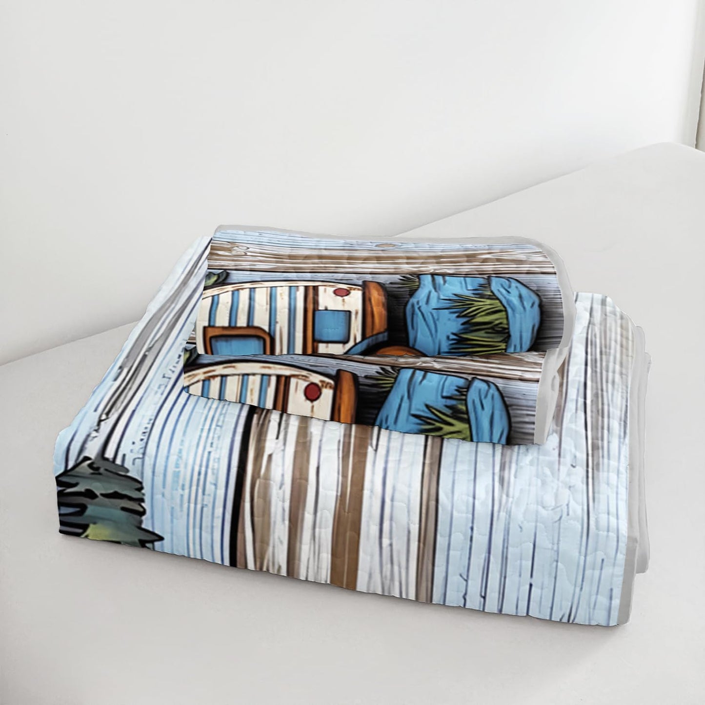 UEVBF Camping Travel Trailer Bedding Queen Quilts for Bed,Retro Bedding for Kids Boys Girls Happy Camper Decor,Outdoor Camping Themed Quilt Sets with 2 Pillowcases.
