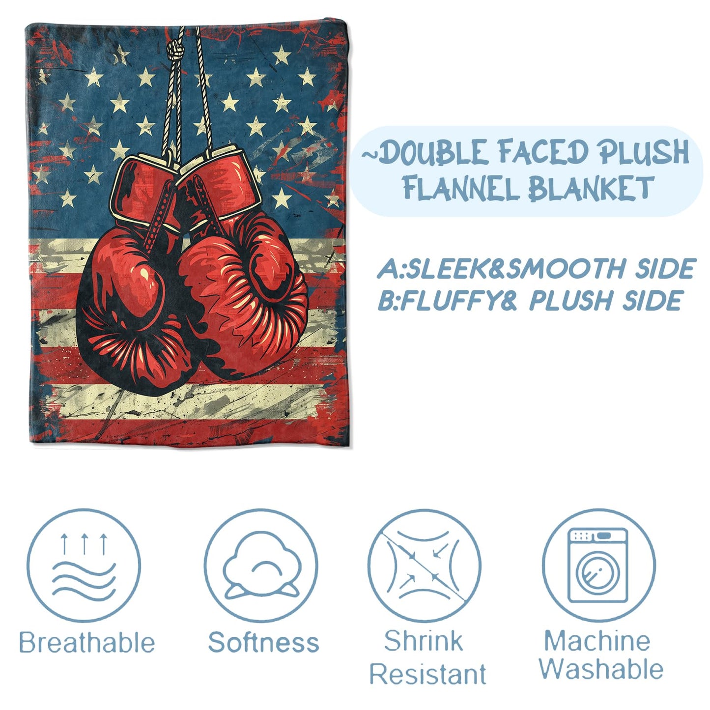 Boxing Blanket for Men Kids, Flannel Boxing Blankets Gifts, American Flag Boxing Throw Blanket for Sofa Couch Bed Living Room Soft Warm Cozy Boxing Decor 60" x 50"
