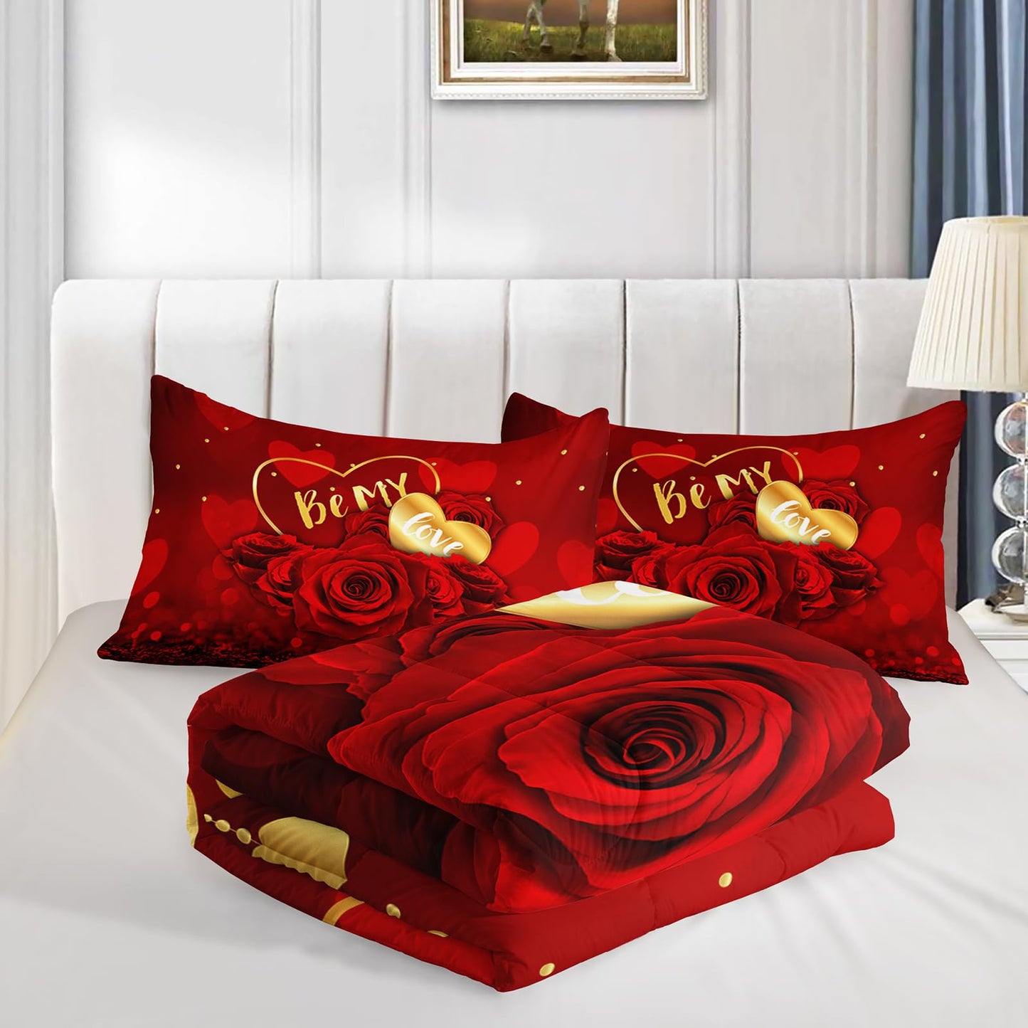 QOOMO Red Rose Kids Bedding Set,Plant Print Comforter Set Queen Size for Boys Girls Teen Room Decorat,Soft Lightweight Bed Set All Season,1 Comforter 2 Pillowcases