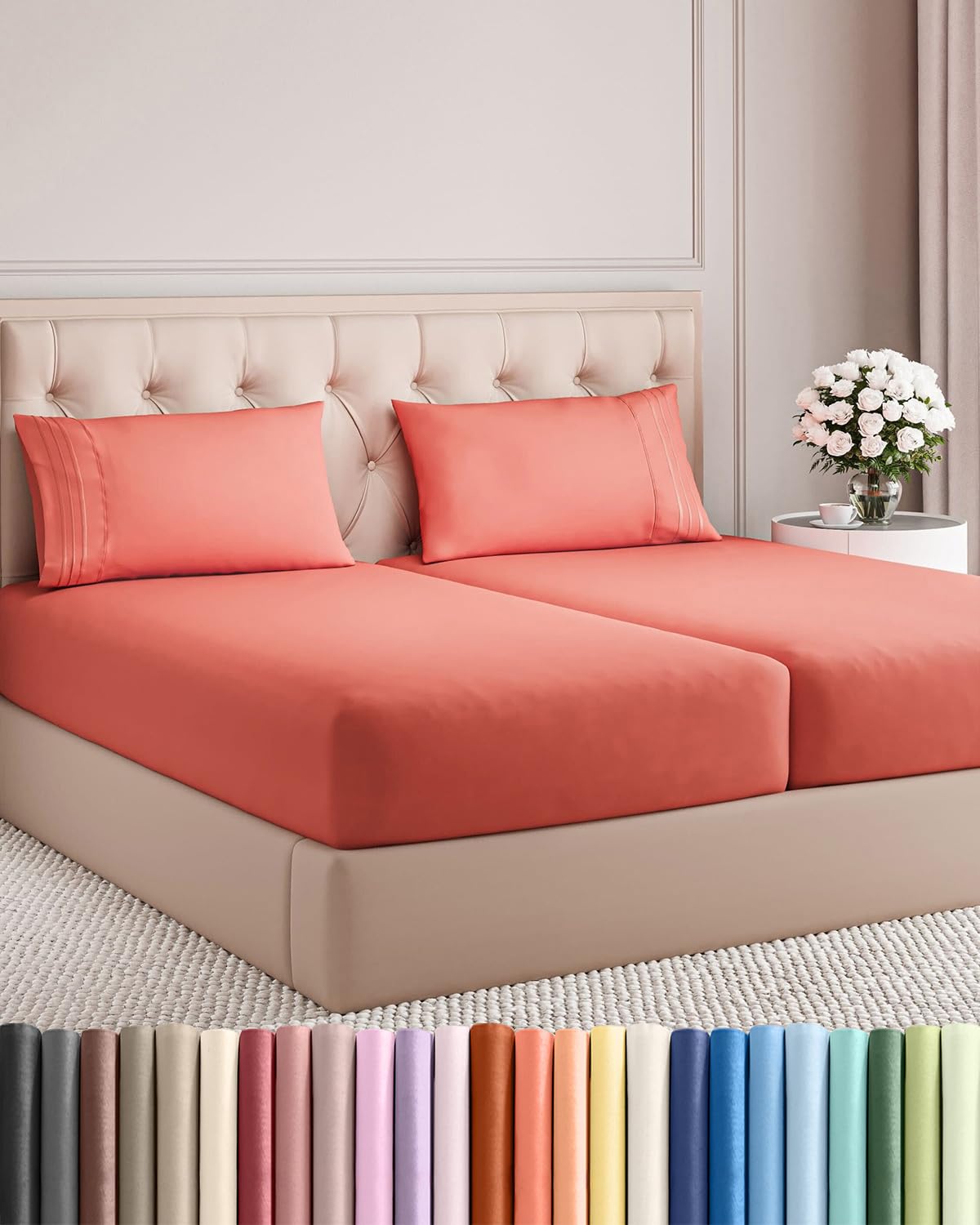 Split King Size 5 Piece Sheet Set - Comfy Breathable & Cooling Sheets - Hotel Luxury Bed Sheets for Women & Men - Deep Pockets, Easy-Fit, Soft and Wrinkle Free Sheets - Coral Oeko-Tex Bed Sheet Set