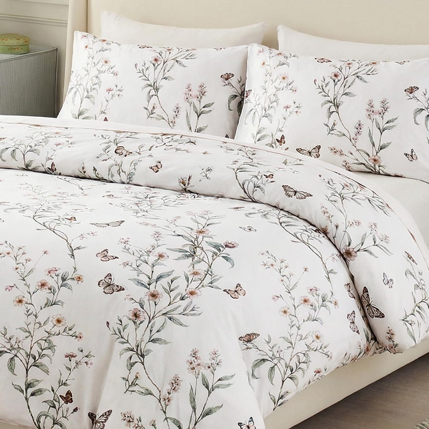Bedorm 100% Cotton Duvet Cover Set Queen Vintage Floral Bedding Set Green Leaf Branches Flower Pattern 3 Pcs Soft Durable Duvet Cover with Zipper Closure