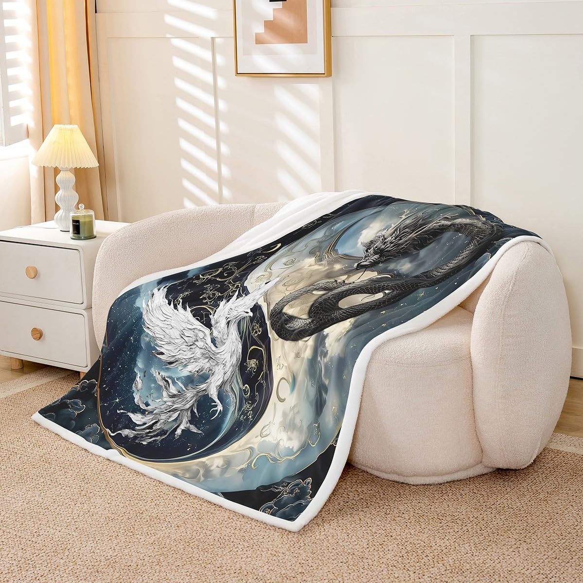 Erosebridal Dragon Sherpa Blanket Japanese Ukiyoe Throw Blanket Exotic Animal Baby 30"X40" Ancient Loong Phoenix Fleece Blanket for Boys Teen Bedroom, Yin Yang Fuzzy Blanket Bed Couch