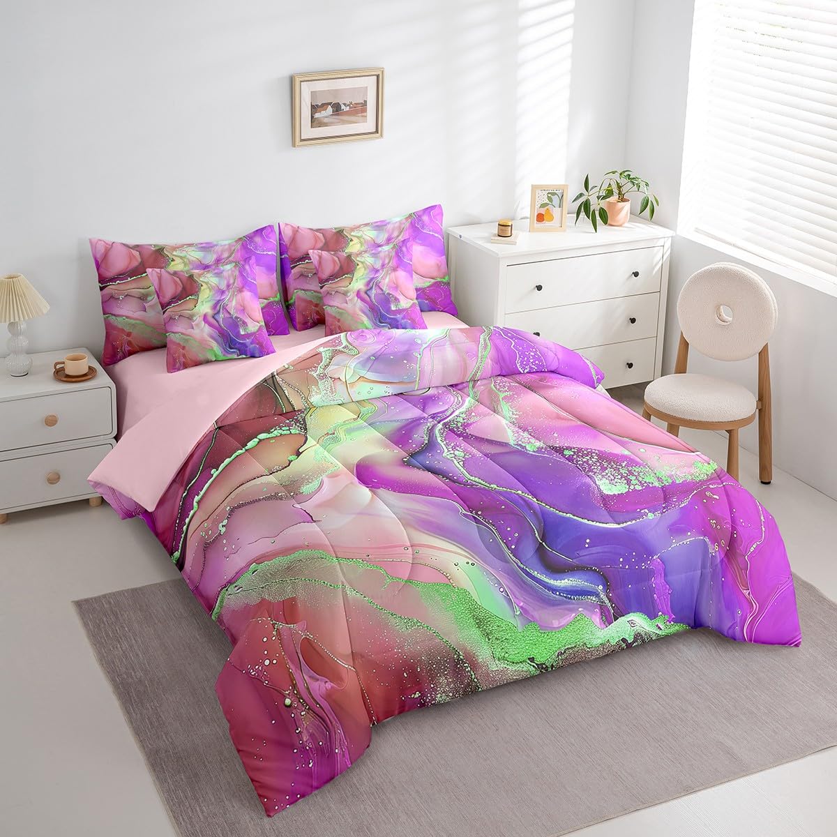 Girly Pink and Purple Bedding Full Size 7pcs Aesthetic Marble Comforter Set for Girls Women, Foil Print Bedding Comforter Sets Mountain Fluid Bed in a Bag, Rainbow Tie Dye Bedding Accessories