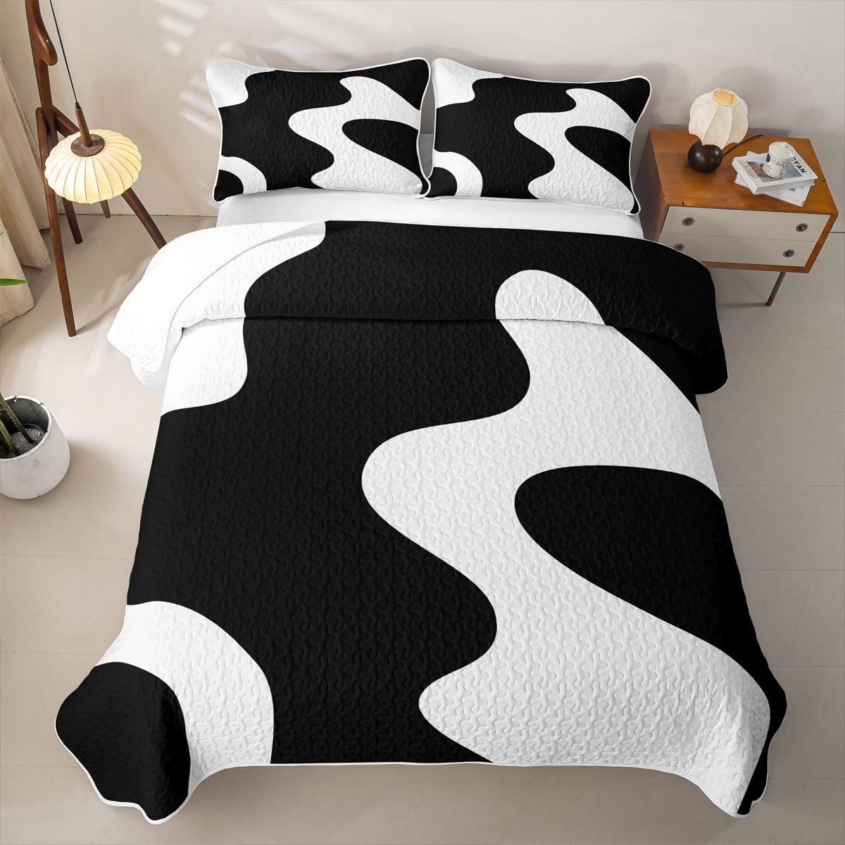 Erosebridal White and Black Abstract Quilt Twin Boho Geometric Striped Quilt Set Minimalist Modern Art Coverlet with 1 Pillowcase Simple Aesthetic Modern Quilted Bedspread