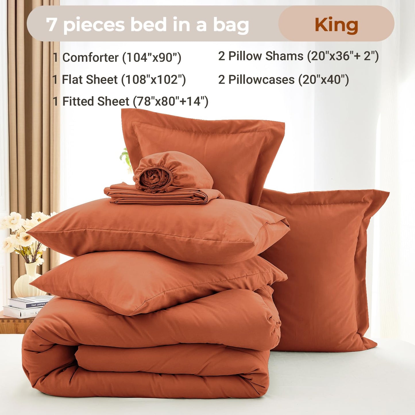 MUXHOMO 7 Pieces King Comforter Set, Soft Bed in a Bag King Size, All Season Bedding Set with Comforter, Flat Sheet, Fitted Sheet, Pillowcases & Shams, Burnt Orange