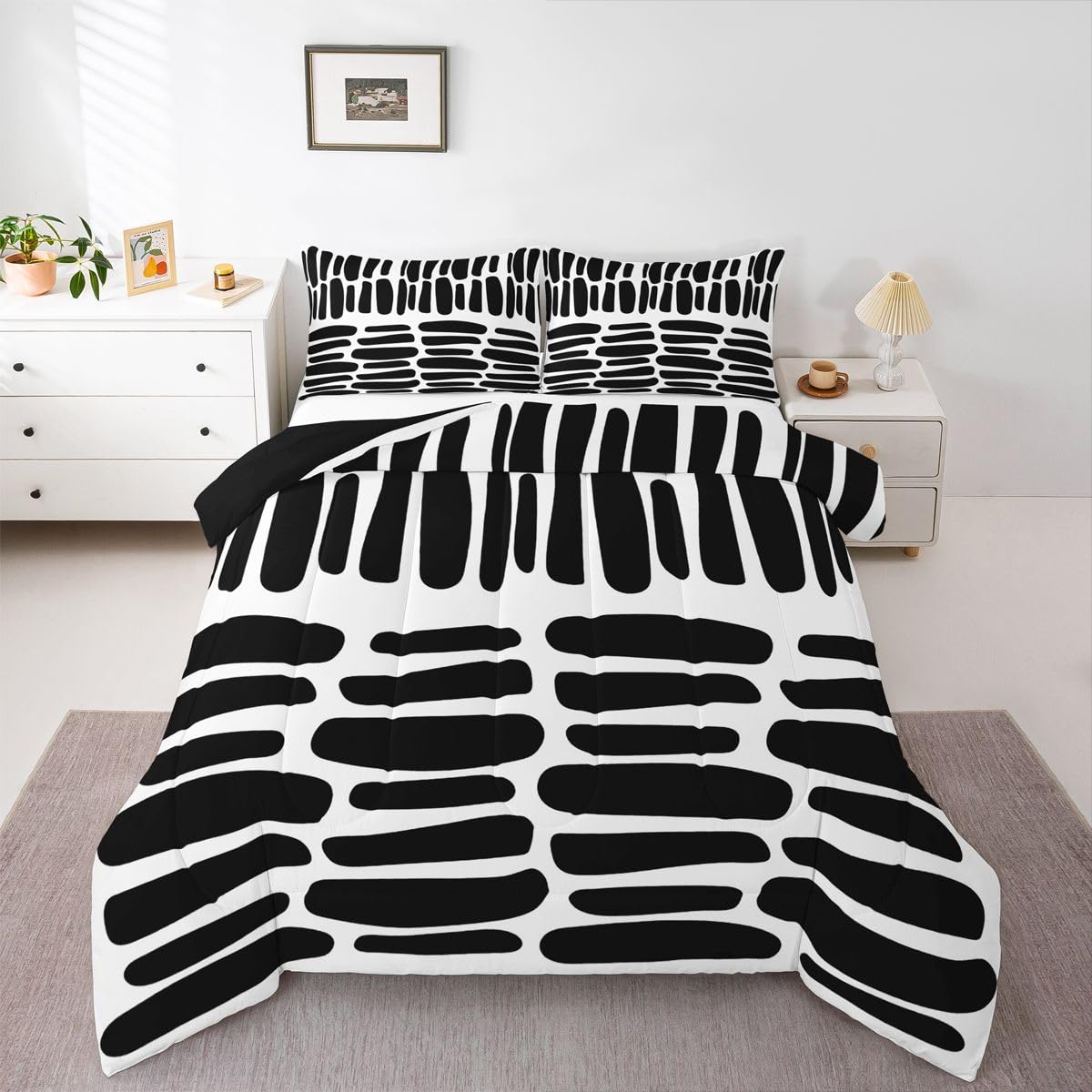 jejeloiu Modern Geometric Bedding Set Soft for Boys Girls, Black White Abstract Comforter Set Queen Size Boho Duvet Quilt Microfiber Luxury Bedroom Decor 3 Pcs with 2 Pillow Cases