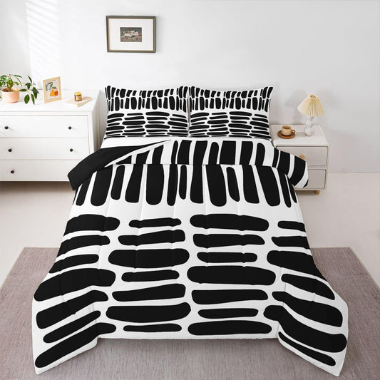 jejeloiu Modern Geometric Bedding Set Soft for Boys Girls, Black White Abstract Comforter Set Queen Size Boho Duvet Quilt Microfiber Luxury Bedroom Decor 3 Pcs with 2 Pillow Cases