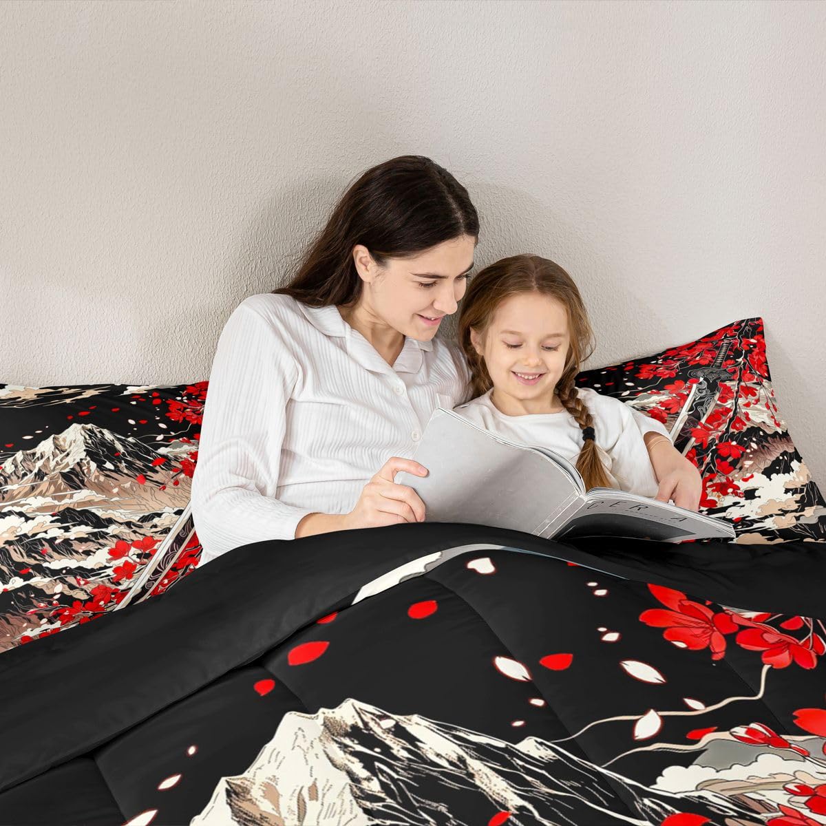 Erosebridal Japanese Style Comforter Set for Kids Boys Girls Red Japanese Cherry Blossoms Bedding Mount Fuji Duvet Set Romance Japan Comforter Full with 2 Pillowcases