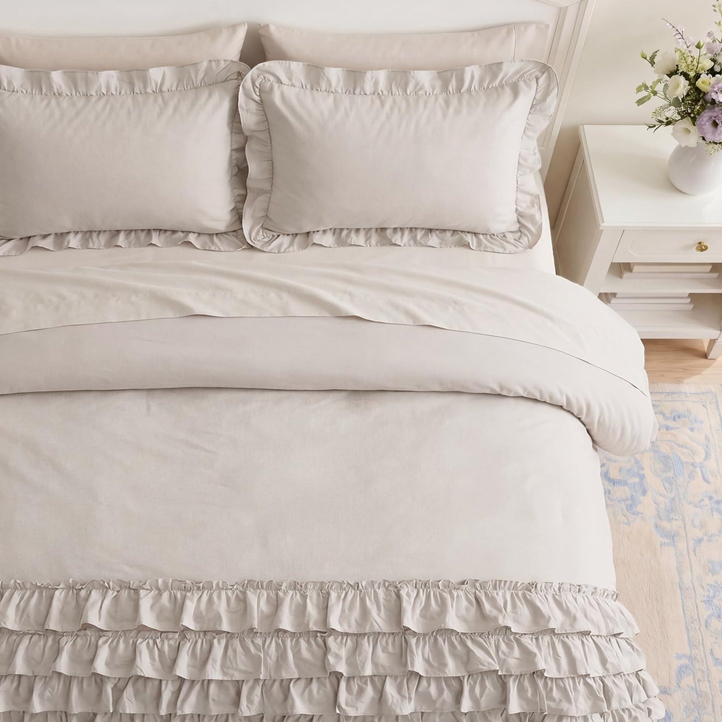 Bedorm 100% Cotton Duvet Cover Set King Beige Ruffle Bedding Set Multi-Layers Ruffled Design Shabby Chic Duvet Cover 3Pcs Soft Breathable Cotton Bed Set
