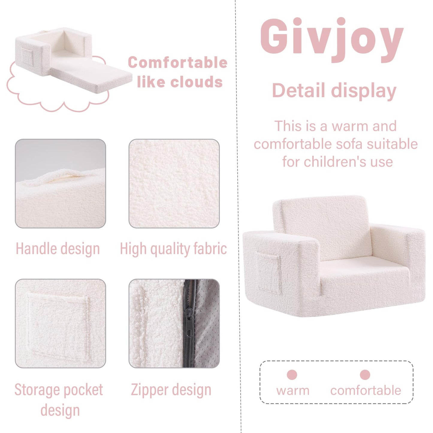 Givjoy Toddler Chair Sherpa Kids Couch, 2-in-1 Soft Kids Armchair Lounger for Bedroom, Convertible Sofa for Girls and Boys, Child Reading Chair for Playroom, Living Room, Pet, Beige