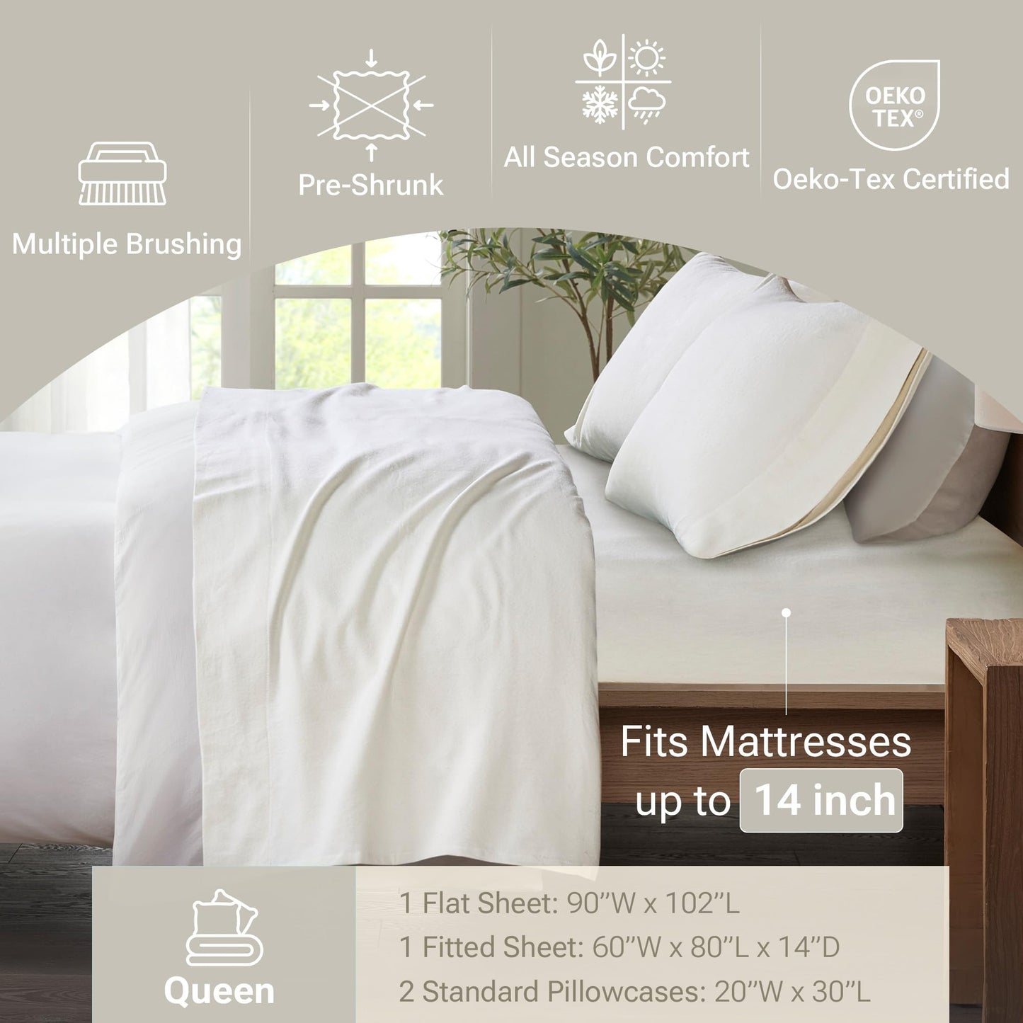 True North by Sleep Philosophy Cozy Flannel Warm 100% Cotton Sheet - Novelty Print Animals Stars Cute Ultra Soft Cold Weather Bedding Set, Queen, Ivory Solid 4 Piece
