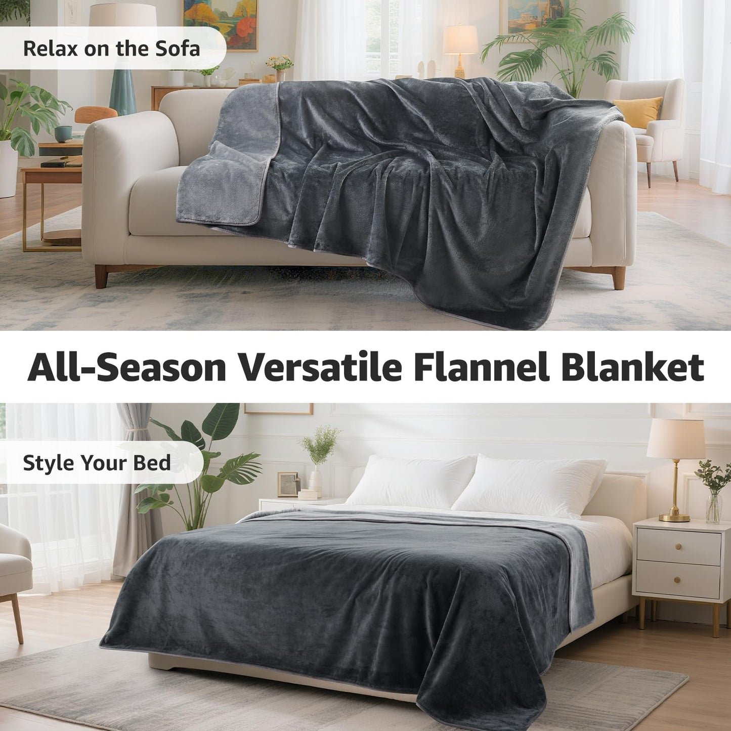LOOBANI Waterproof Blanket for Bed: Reversible Soft Flannel Twin Bed Blanket 60" x 80", Leakproof Throw Spill-Proof Dog Pet Blanket for Couch Cover, Movie Time, Camping, Travel, Grey