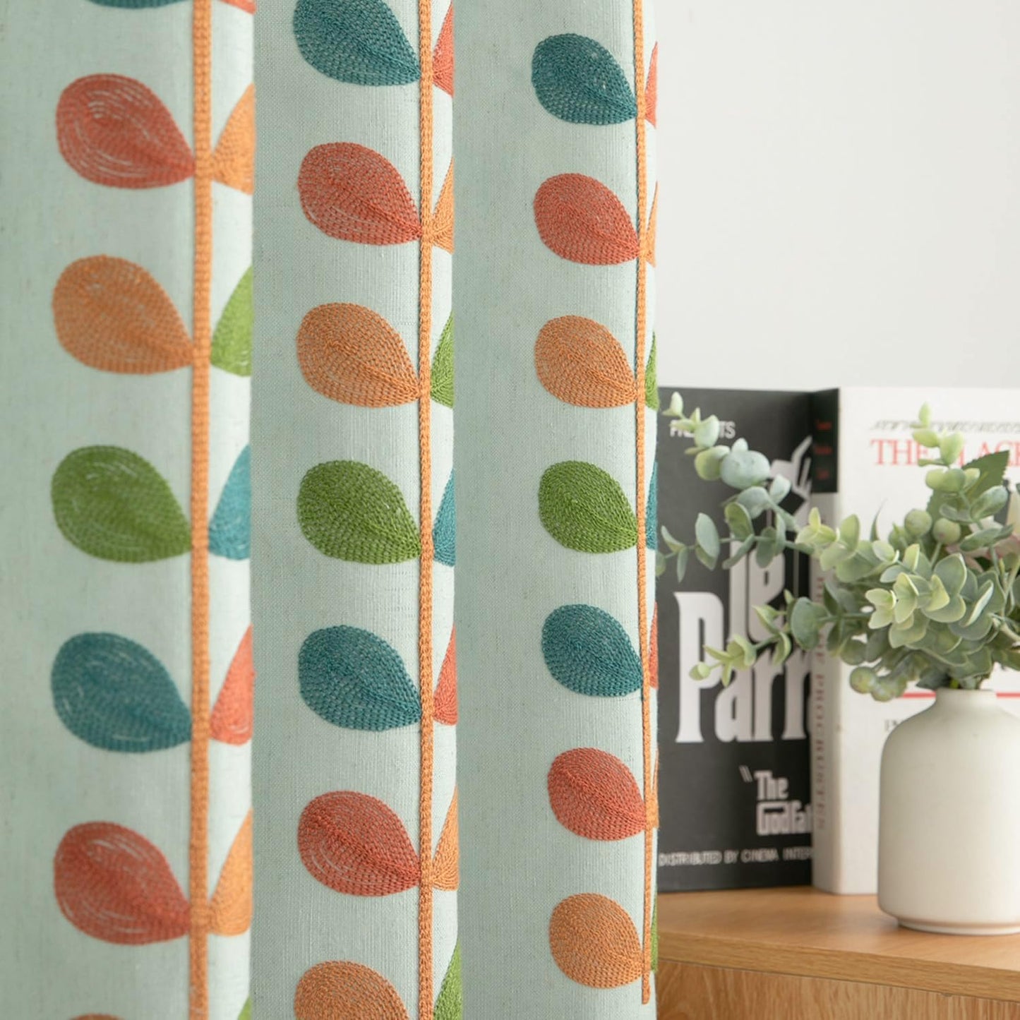VOGOL Linen Curtains 96 Inches Long, Colorful Leaves Embroidered Grommet Drapes and Curtain Panels for Living Room/Bedroom, 52 X 96, 2 Pieces