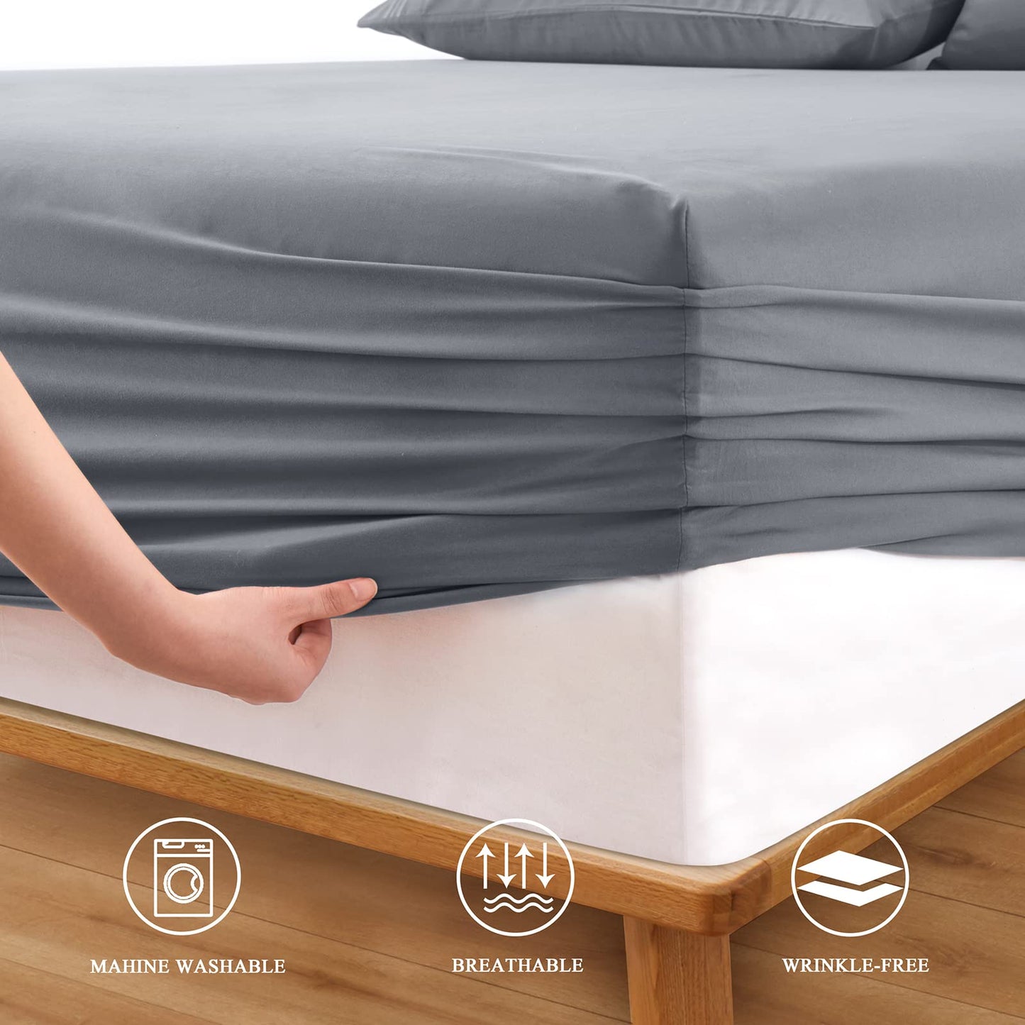 Horbaunal Extra Deep Pocket Queen Fitted Sheet Only - Fits Up to 24 Inch Mattress - Luxury 1800 Thread Count - Microfiber Silver Grey Fitted Bed Sheet Queen Size
