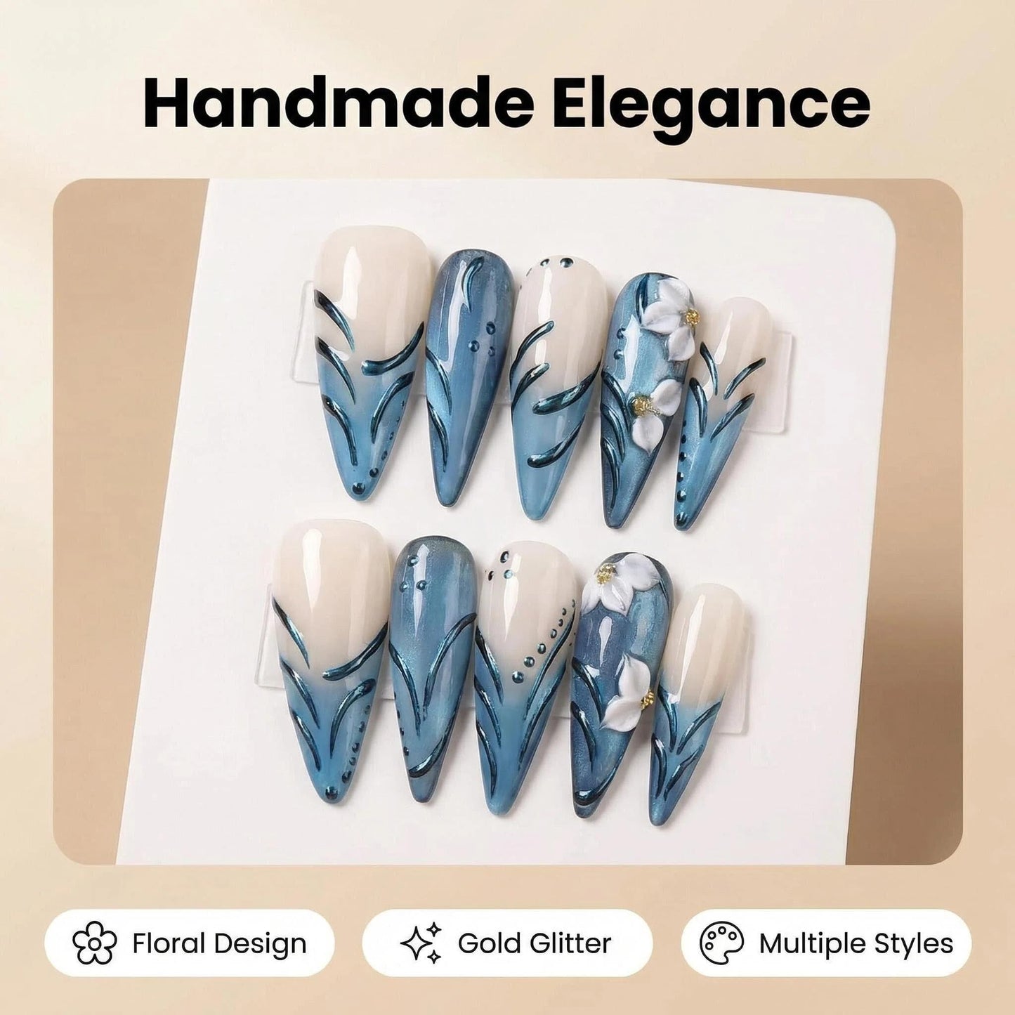 Handmade Press on Nails Long Stiletto False Nails Blue Cat's Eye Fake Nails with 3D Flower Designs Sparkly Charm luxury Artificial Nails for Women (Size M）10pcs