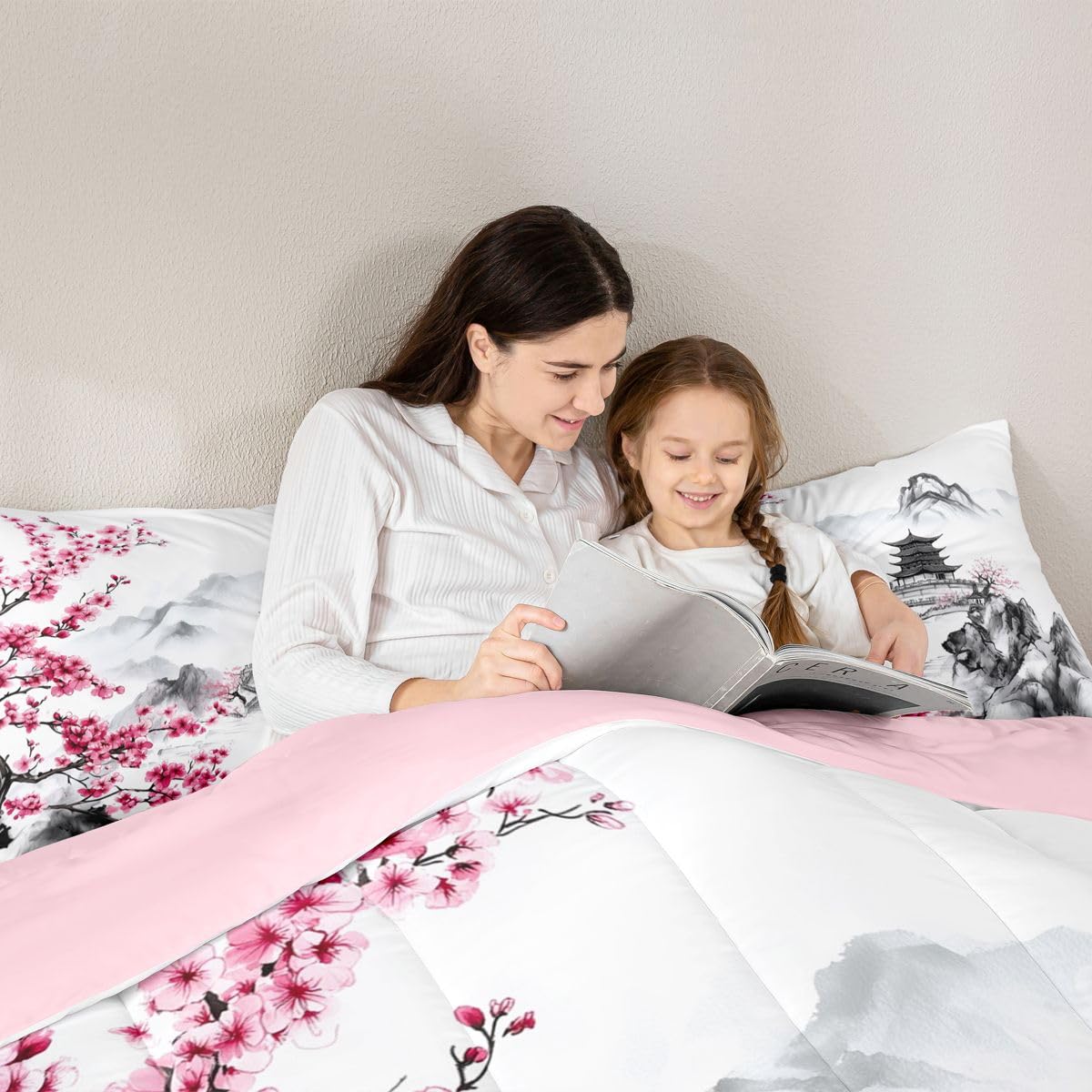 jejeloiu Chinese Ink Painting Comforter Set Queen Size Japanese Style Bedding Set for Kids Boys Girls Cherry Blossom Duvet Quilt Mountain Bedroom Decor Microfiber 3 Pcs with 2 Pillow Cases
