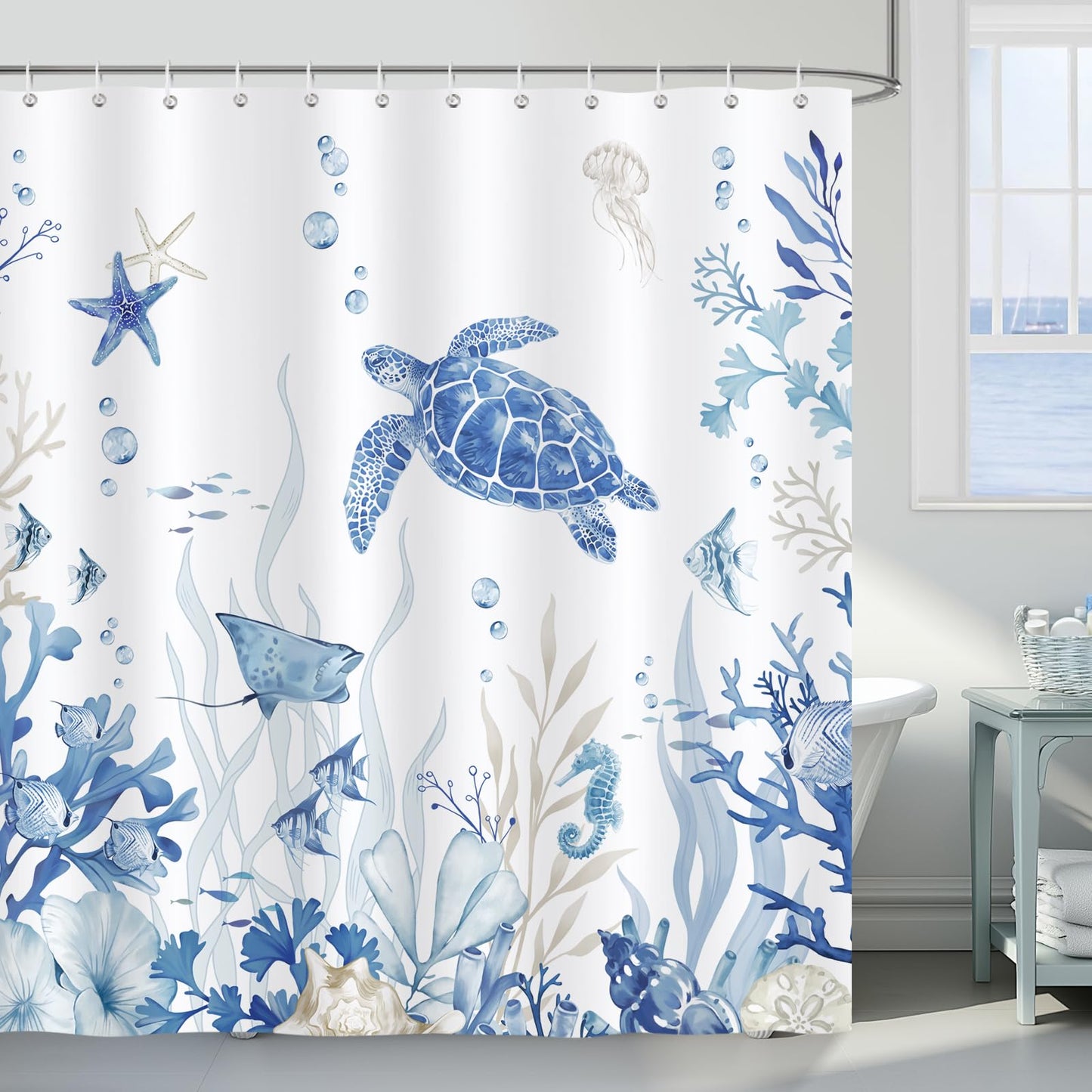 Bonhause Nautical Coastal Shower Curtain, Blue Beige Turtle Fish Coral Ocean Beach Themed Bathroom Decor 72x72 Inch Waterproof Polyester Fabric with 12 Hooks