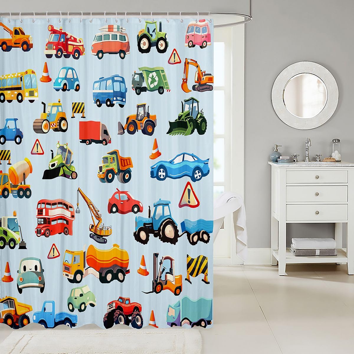 Cartoon Car Bathroom Waterproof Accessories with 12 Hooks Teens Cartoon Transportation Car Decor Fabric Shower Curtains for Kids Boys Girls Truck Bus Taxi Shower Curtain Vehicles Blue,72x72 Inches