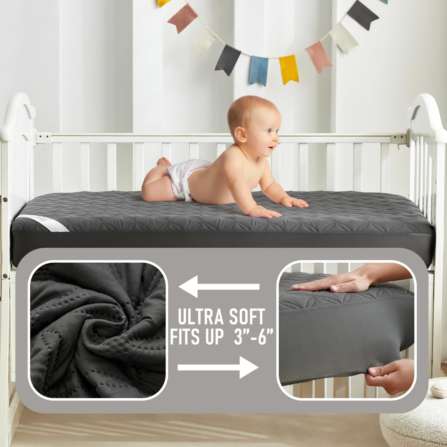 BEDLORE Waterproof Mattress Protector Crib, 2 Pack Soft Gray Mattress Pad, Noiseless Machine Washable Mattress Cover, Ultimate Protection for Your Baby's Crib Toddler Bed (52''x28'')