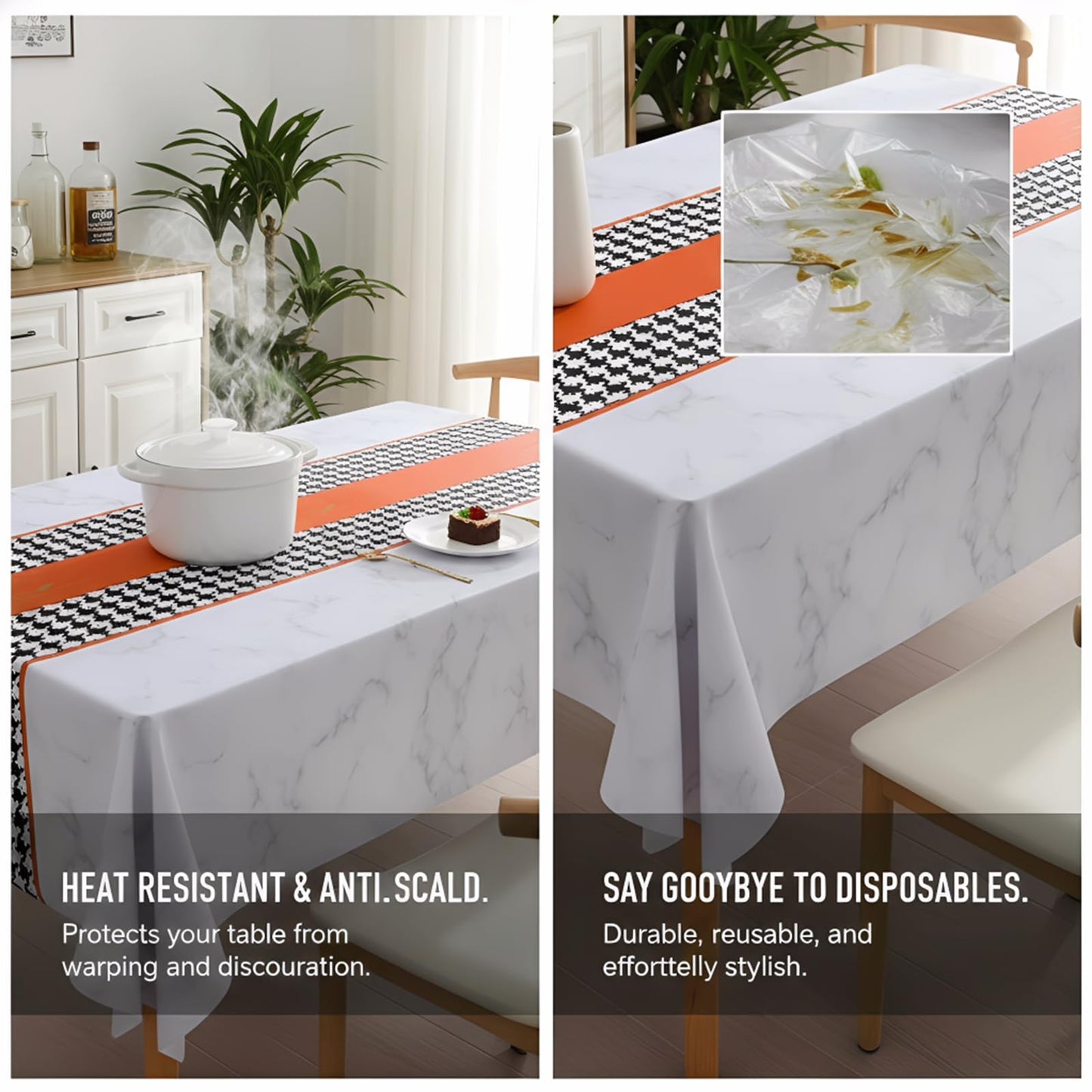 Qvthpv 55"x70" Rectangular PVC Tablecloth, Waterproof Oilproof Heatproof Kitchen Table Cover, Wipeable Stain Resistant Everyday Dining Table Cloth for Holidays Parties Camping (Marble Orange)