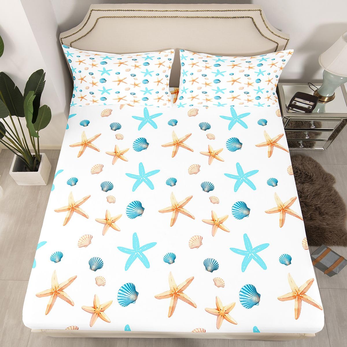 Castle Fairy Khaki Starfish Fitted Sheet Queen Size (No Flat),Blue Shell Bedding Sets 3Pcs,Girls Boys Adult Room Decor,Ocean Life Bed Cover Hawaii Beach Deep Pocket Sheet,2 Pillowcases
