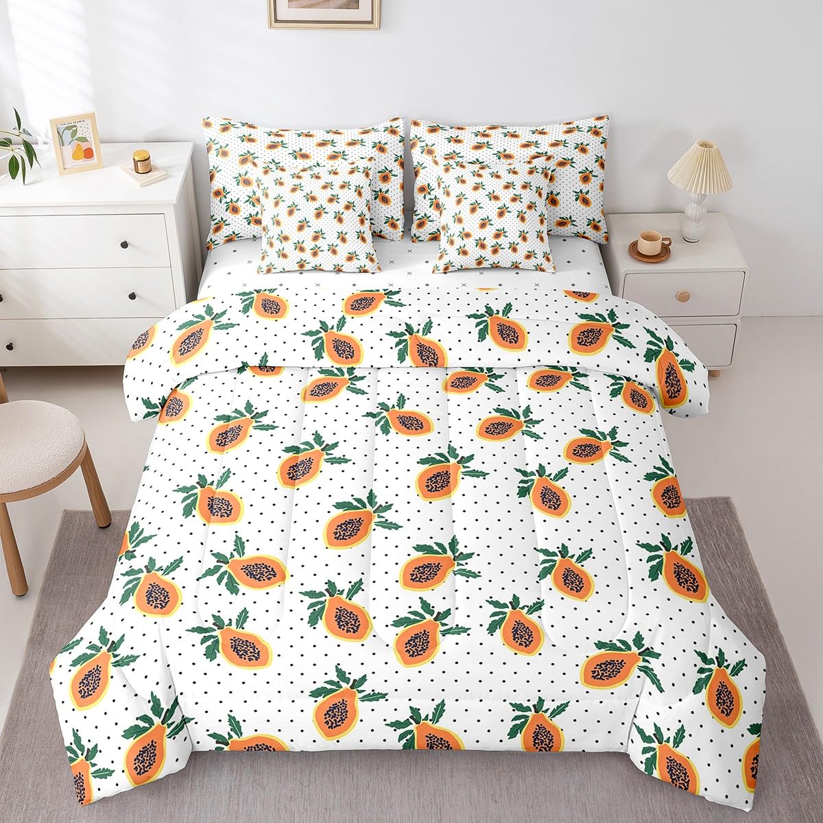 Erosebridal Papaya Comforter Set 7 Piece Bed in a Bag Twin,Tropical Fruit Bedding Sets Funny Food Themed Comforter and Sheet Set,Green Leaves Leaf Cute Bed Set