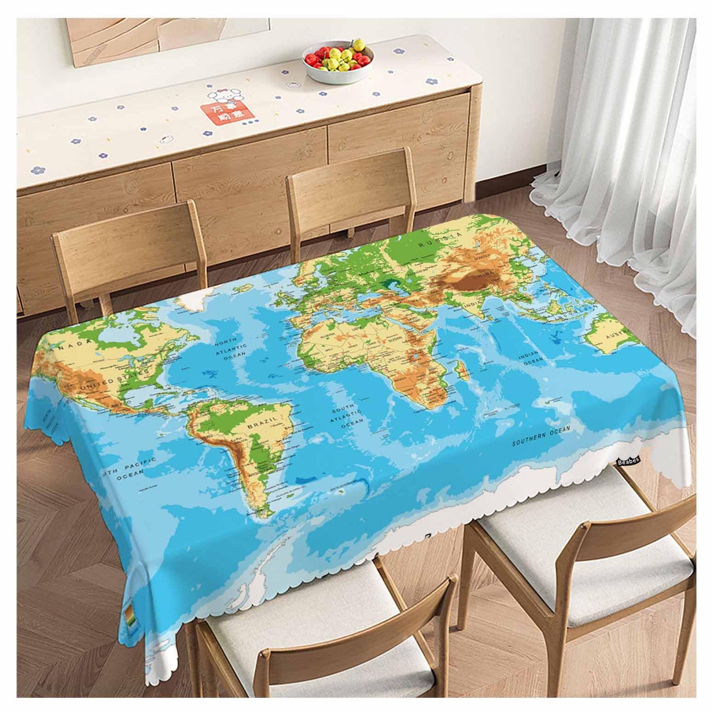 Beabes Tablecloth World Map 52 X 70 Inch, Physical World Map Blue Oblong Table Cloths Anti-Shrink Decorative Table Cover for Kitchen Dinning Tabletop Outdoor Picnic BBQ
