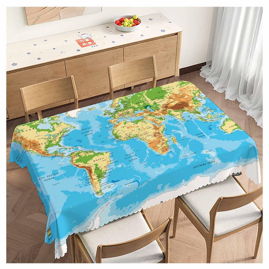 Beabes Tablecloth World Map 52 X 70 Inch, Physical World Map Blue Oblong Table Cloths Anti-Shrink Decorative Table Cover for Kitchen Dinning Tabletop Outdoor Picnic BBQ