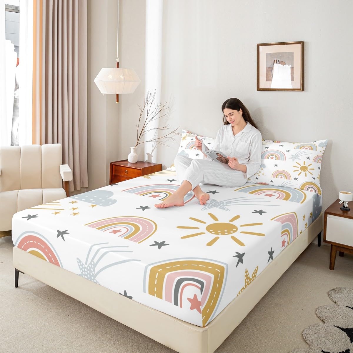 Erosebridal Girls Rainbow Fitted Sheet Sun and Stars Bed Sheets Full Size for Kids Boys Children Cartoon Cloud Bedding Set Girly Soft Microfiber Bed Sheet Home Decor with 2 Pillow Cases(No Flat Sheet)