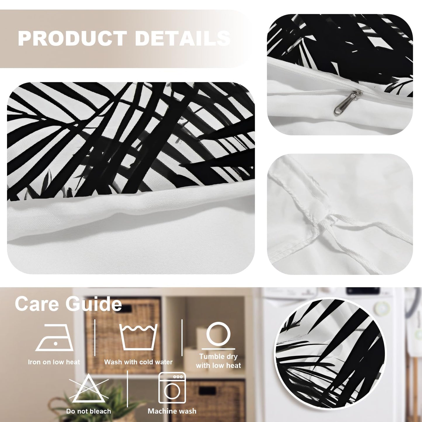 BaoNews Black White Foliage Plants 100% Cotton Duvet Cover Set Full Size, Palm Leaf Bold Lines Tropical Theme Bedding Sets Soft Comforter Cover with Zipper Closure and 2 Pillowcases(No Filler)