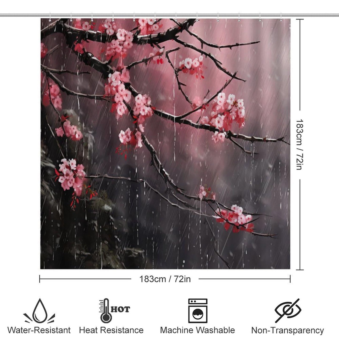SOPIYRIO 4Pcs Cherry Blossom Pink Floral Shower Curtain Sets with Non-Slip Rugs,Toilet Lid Cover and Bath Mat, Japanese Style Shower Curtain with 12 Hooks,Bath Shower Curtain for Bathroom Decor