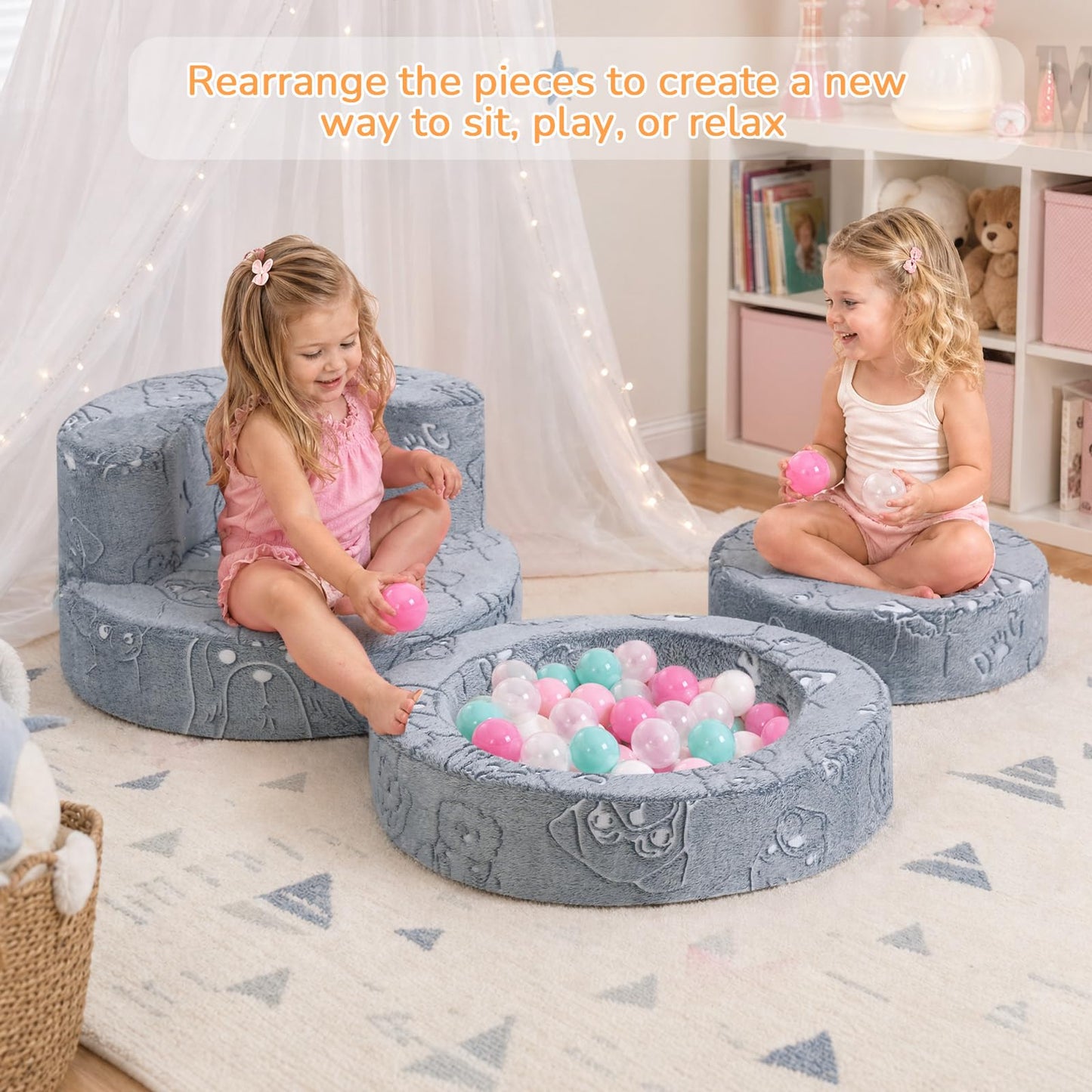 MeMoreCool Puppy Kids Couch, Flip-Open Kids Chair, Glow Print, Grey