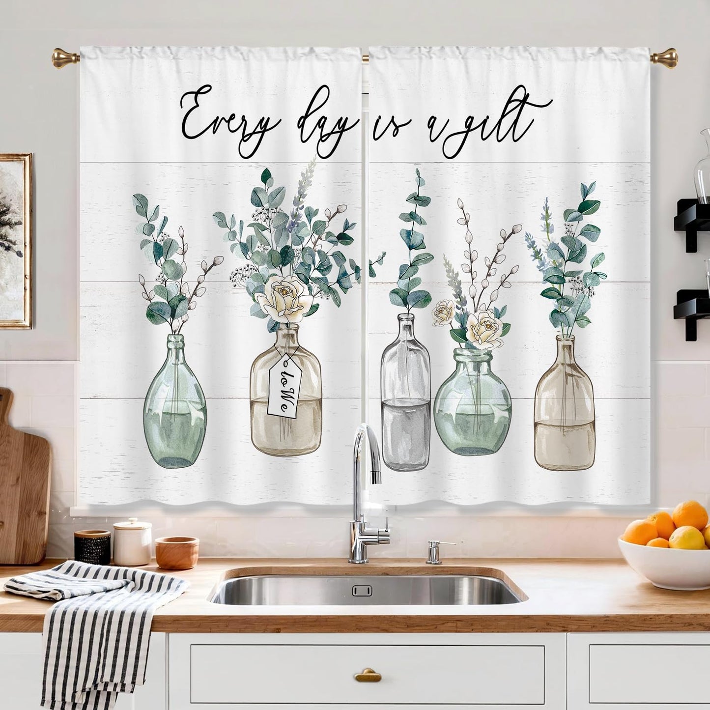 Cizuug Eucalyptus Bottles Plant Kitchen Curtains Green Leaf BotanicalSage Small Short Cafe Window Curtains Farmhouse Rustic Floral Vase Bathroom Tier Window Treatment Drapes 2 Panels