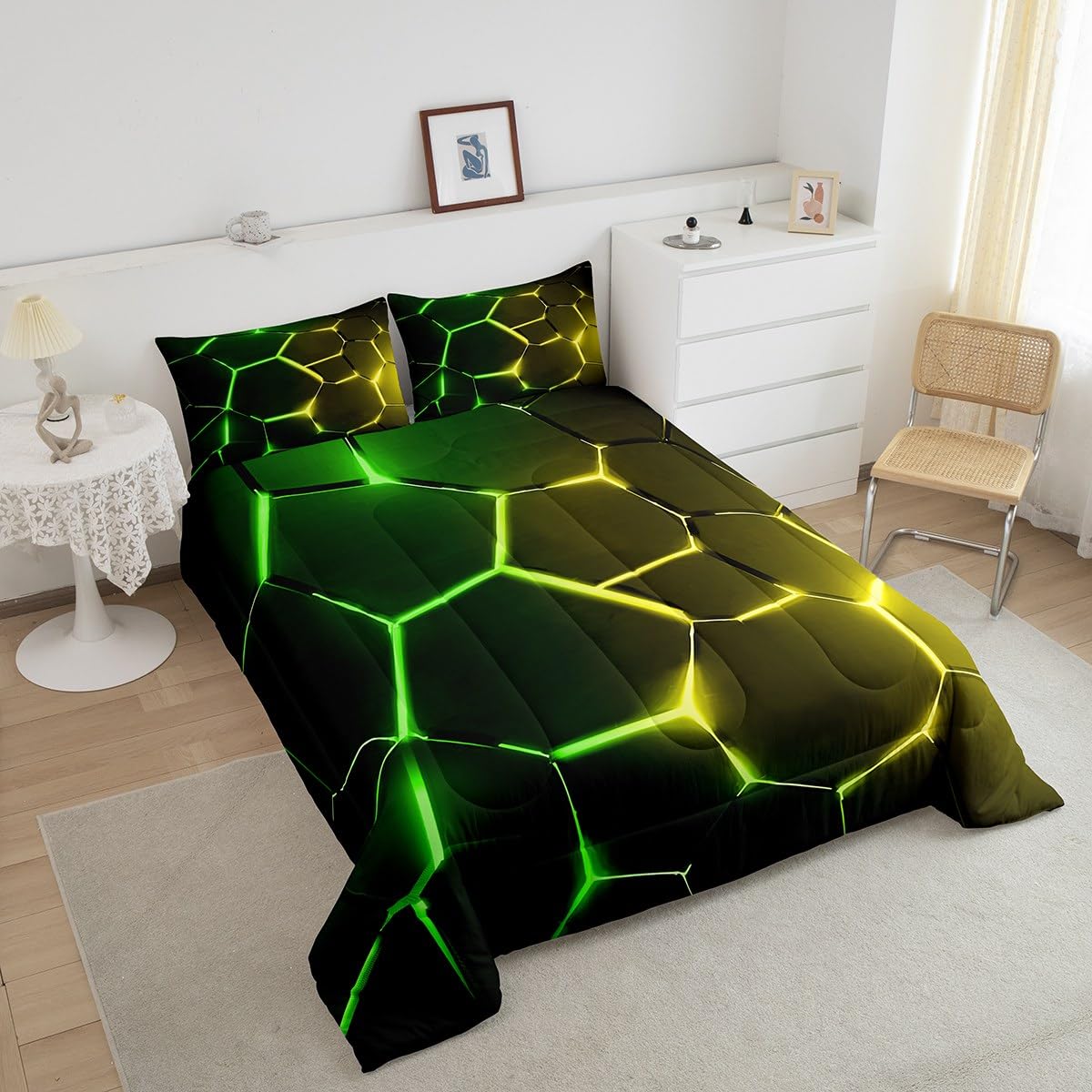 Feelyou Honeycomb Comforter Green Yellow Hexagonal Print Bedding Set for Kids Boys Girls Children Beehive Geometrical Comforter Set Ultra Soft Decor Reticulated Duvet Set Twin Size