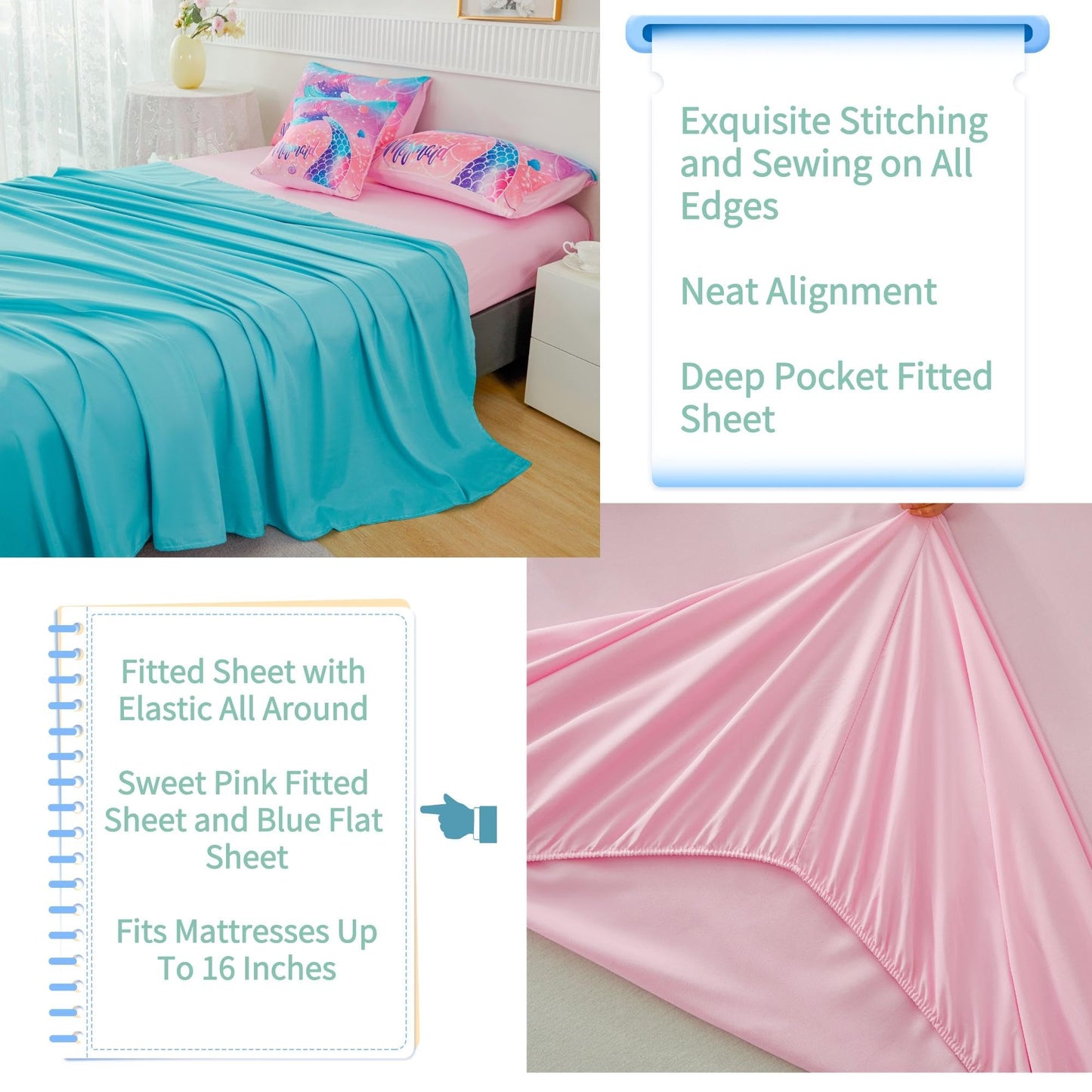 RYNGHIPY Mermaid Kids Girls Comforter Set Twin Size Pink Blue Gradient Fish Tail Bed in a Bag - Includes Comforter & Sheet Set for Teens Girls Super Soft Kids Bedding
