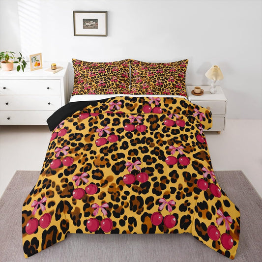 Erosebridal Pink Cherry Bow Comforter Set Leopard Print Full Size Bedding Sets | Cute Ribbon Bowknot Comforter Modern Cheetah Print Bed Set