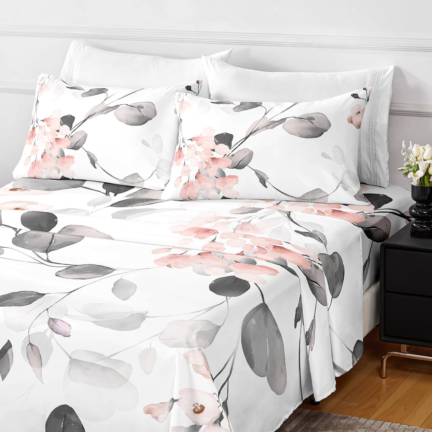 HCORA Floral King Size Sheets Set, Luxury 1800TC Hotel Quality Double Brushed Microfiber Deep Pocket Bed Sheets, Ultra Soft, Breathable and Cooling, 4PC, King