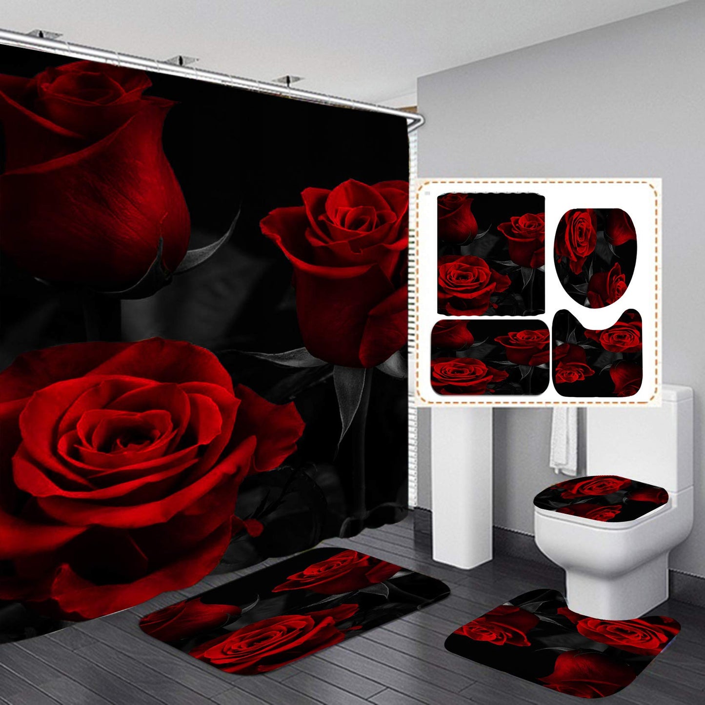 RinRinfam 4 Pcs Rose Shower Curtain Set, Flower Romantic Rose Curtain with Non-Slip Rug,Toilet Lid Cover,U Shape Mat,Waterproof Shower Curtains with 12 Hooks Bathroom Decor, Red Black 72"×72"