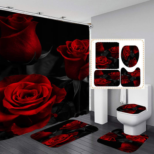 RinRinfam 4 Pcs Rose Shower Curtain Set, Flower Romantic Rose Curtain with Non-Slip Rug,Toilet Lid Cover,U Shape Mat,Waterproof Shower Curtains with 12 Hooks Bathroom Decor, Red Black 72"×72"