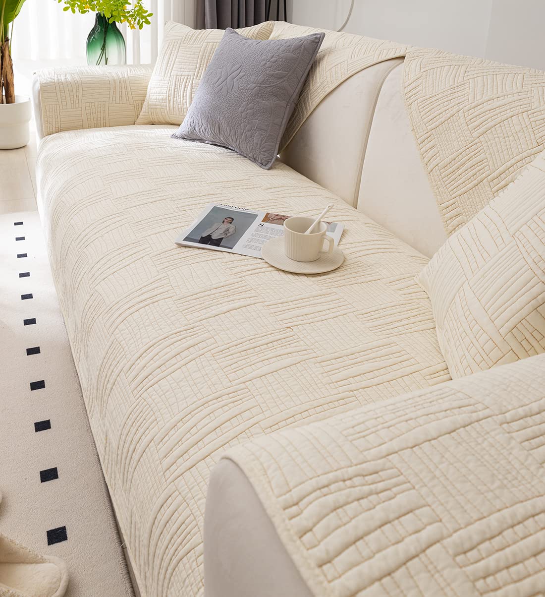 XSlive Farmhouse Couch Cover Solid Color Neutral Sofa Cover Soft Cotton Quilted Sectional Couch Covers Non Slip Washable Sofa Slipcover Furniture Protector for Living Room (Ivory B,28"x28")