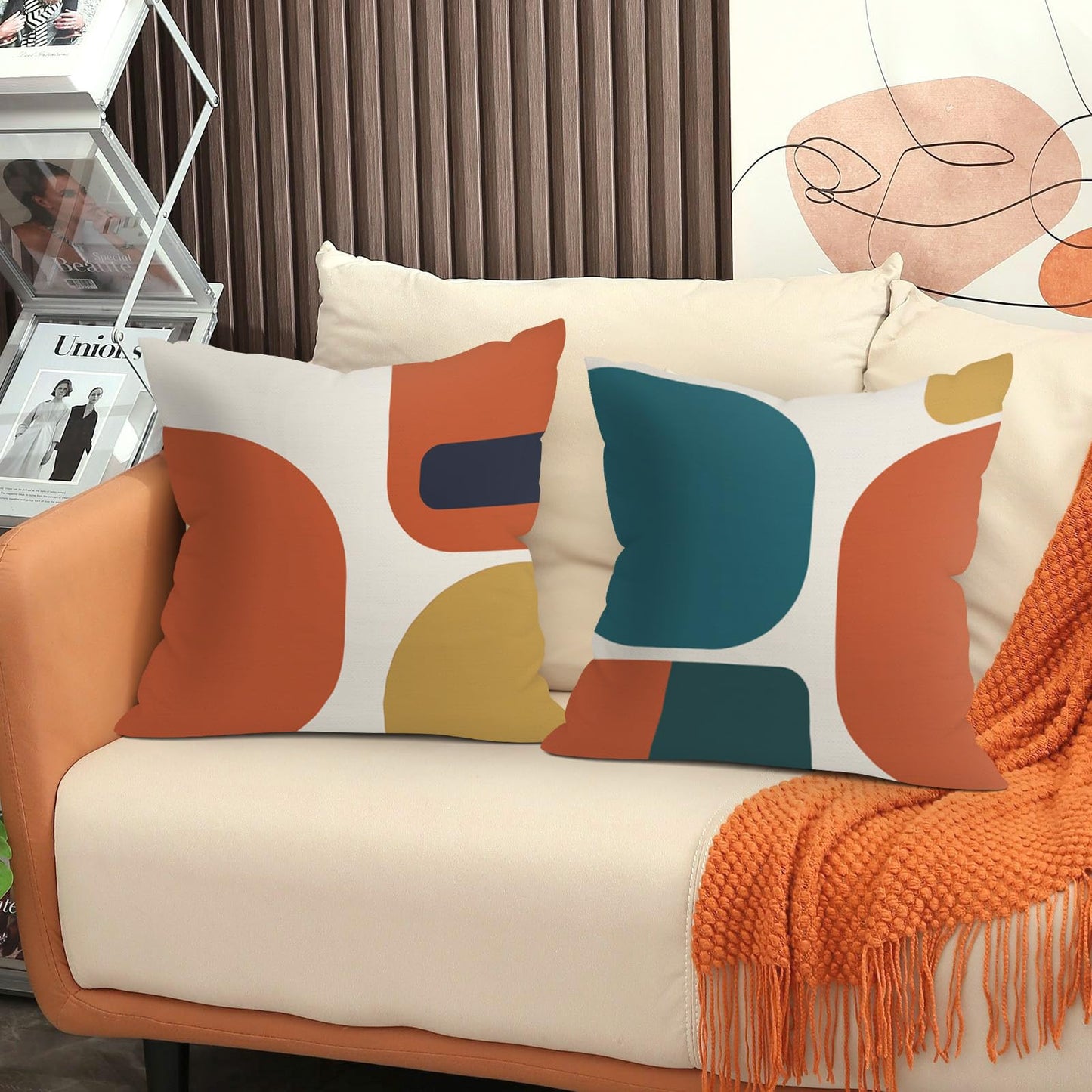 Joymaison Boho Abstract Geometric Throw Pillow Covers 18x18 Inch Set of 4 Orange Mid Century Modern Retro Cushion Covers Home Decor for Couch Cushion Cases