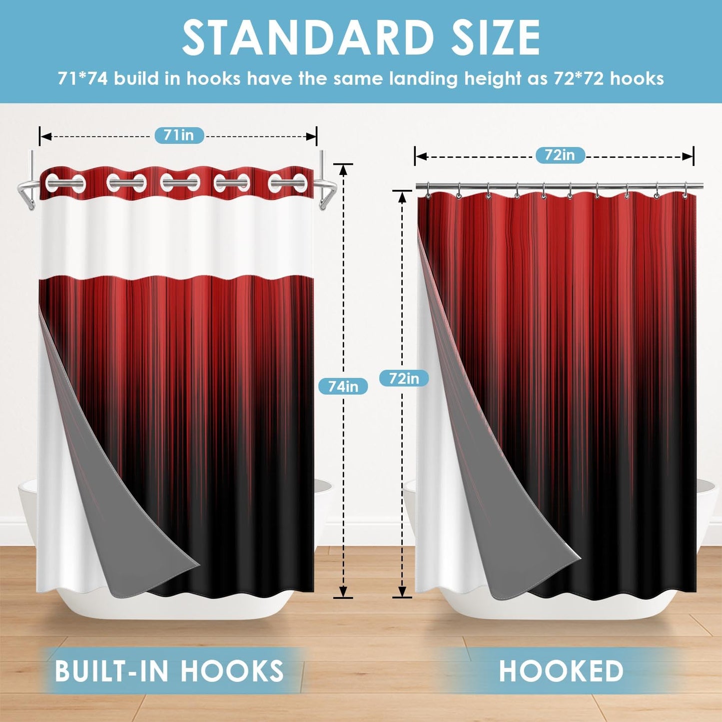 Nesphy No Hook Red and Black Ombre Shower Curtain with Snap in Fabric Liner Set, Simple Artistic Aesthetic Double Layers Waterproof Fabric with See Through Top Window Open Grommet Curtain 71x74 Inch