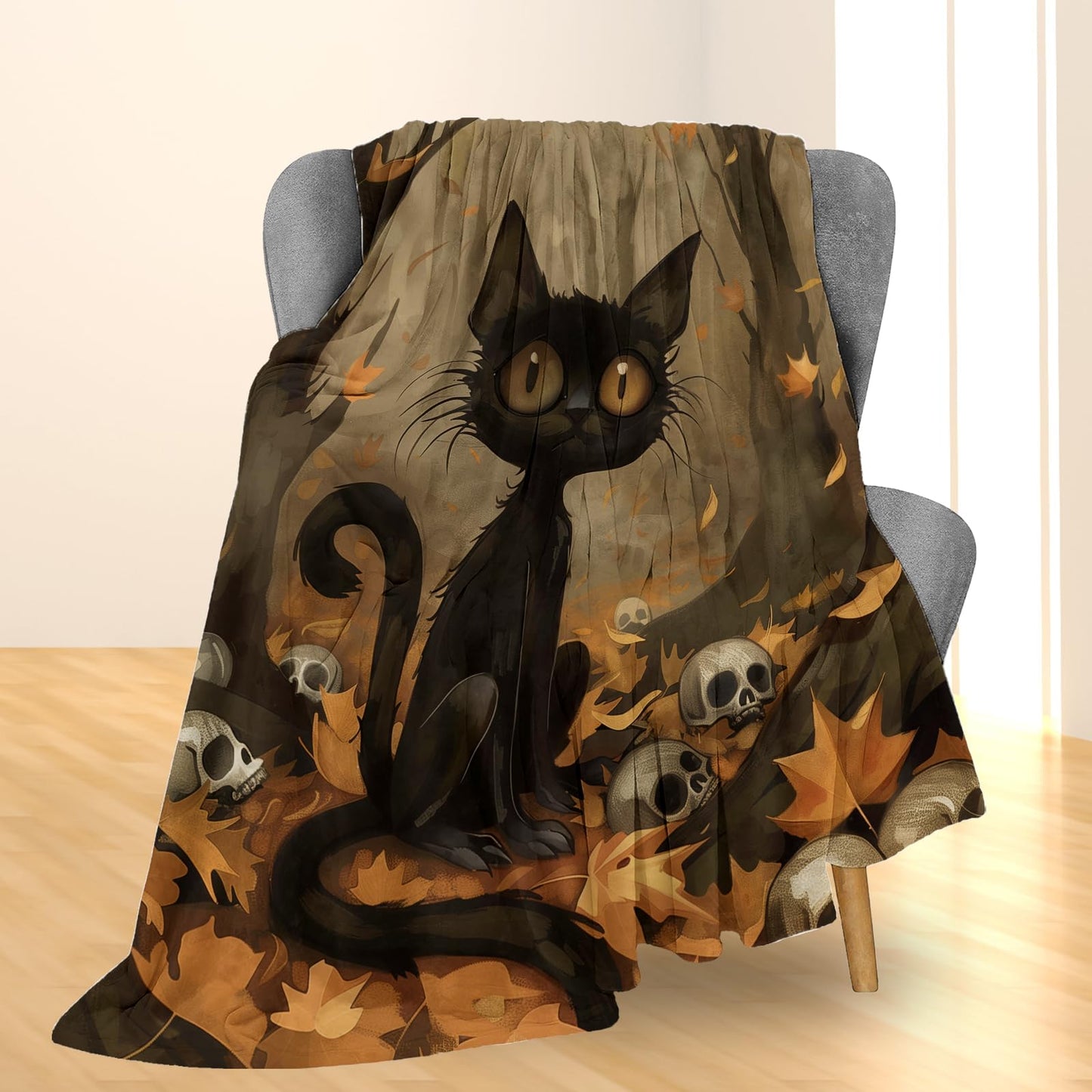 Ti Caldi Eerie Black Cat, Skulls & Autumn Forest Blanket | Soft Warm Fuzzy Lightweight Flannel Throw for Couch, Bed, Halloween Decor, Travel & Outdoor, Cozy Blankets for Adults Women Men 60×50 in